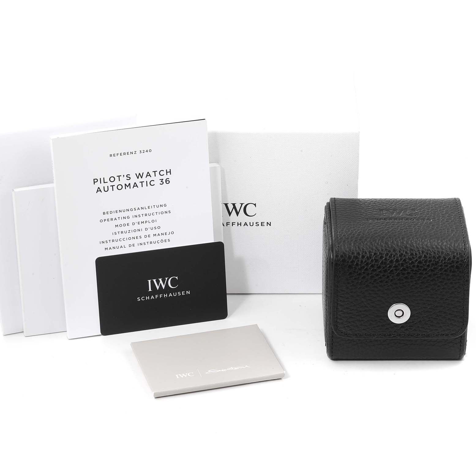 The image shows the packaging, instruction manual, warranty card, and travel case for the IWC Pilot IW324008 Men's Stainless Steel Blue Dial IW324008 Men's Stainless Steel Blue Dial's Watch Automatic 36.