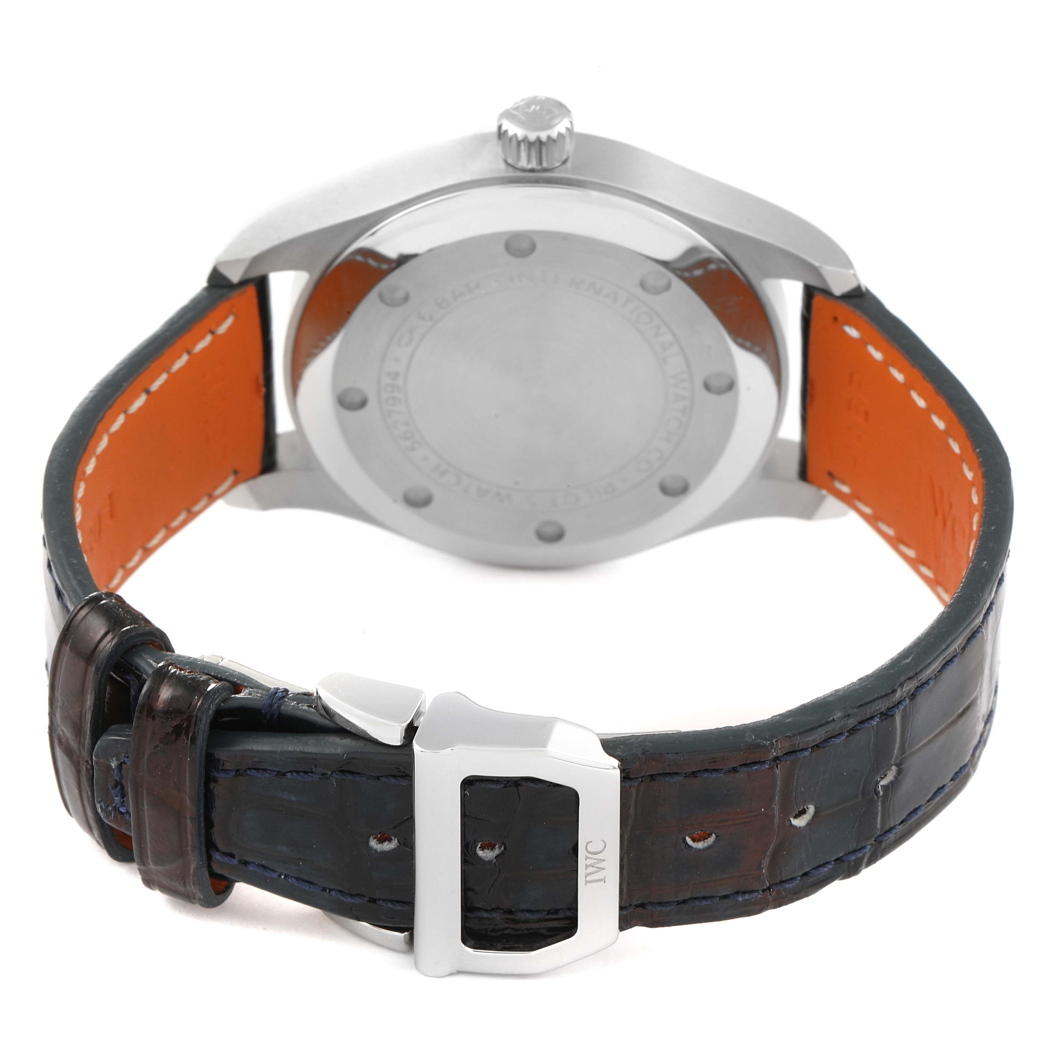 The image shows the back case, crown, and leather strap with a buckle of the IWC Pilot IW324008 Men's Stainless Steel Blue Dial IW324008 Men's Stainless Steel Blue Dial model watch.