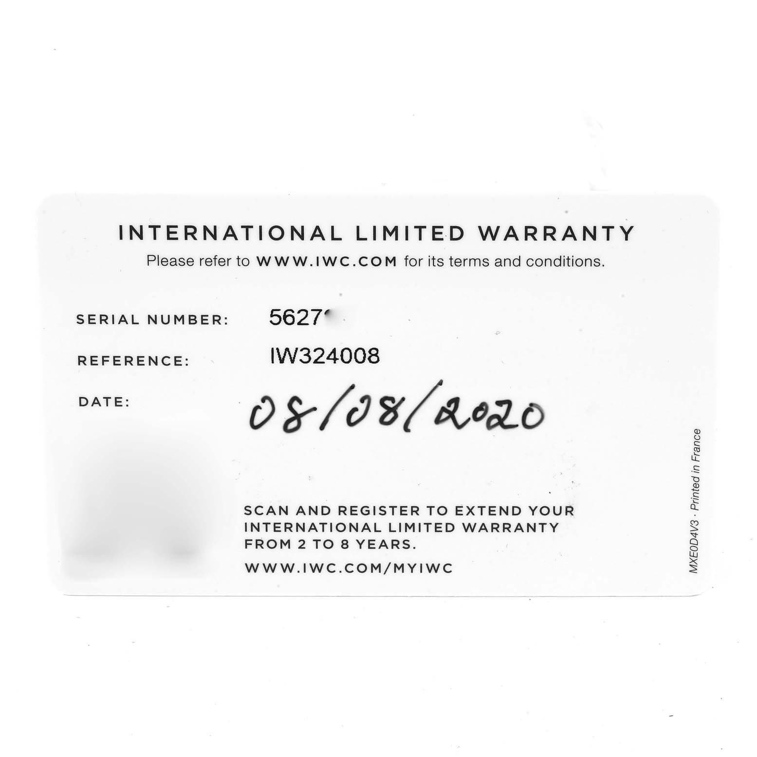 The image shows the international limited warranty card for an IWC Pilot IW324008 Men's Stainless Steel Blue Dial IW324008 Men's Stainless Steel Blue Dial model watch, including the serial number, reference number, and date.