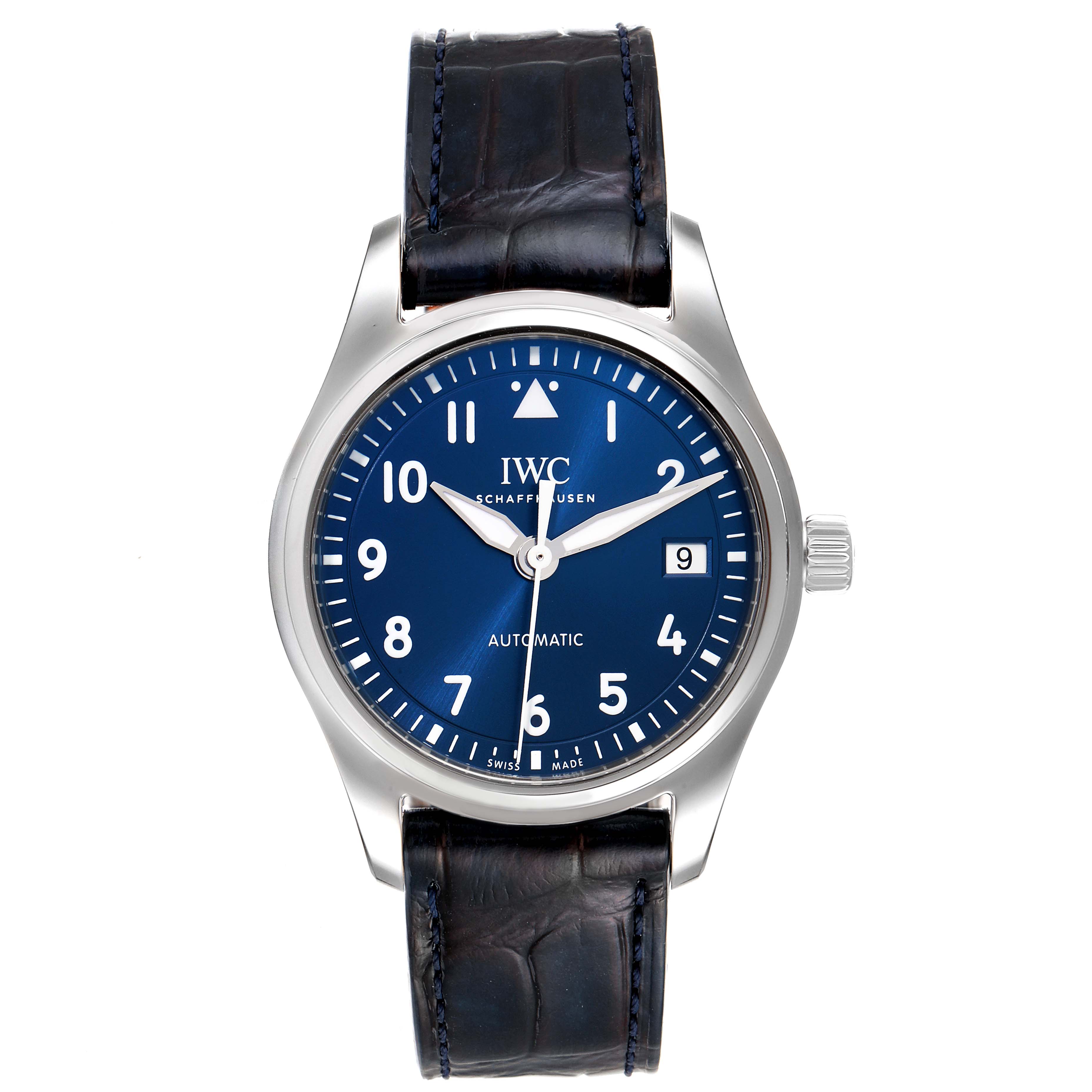 The image shows a frontal view of the IWC Pilot IW324008 Men's Stainless Steel Blue Dial IW324008 Men's Stainless Steel Blue Dial watch displaying its blue dial, white numerals, and black leather strap.