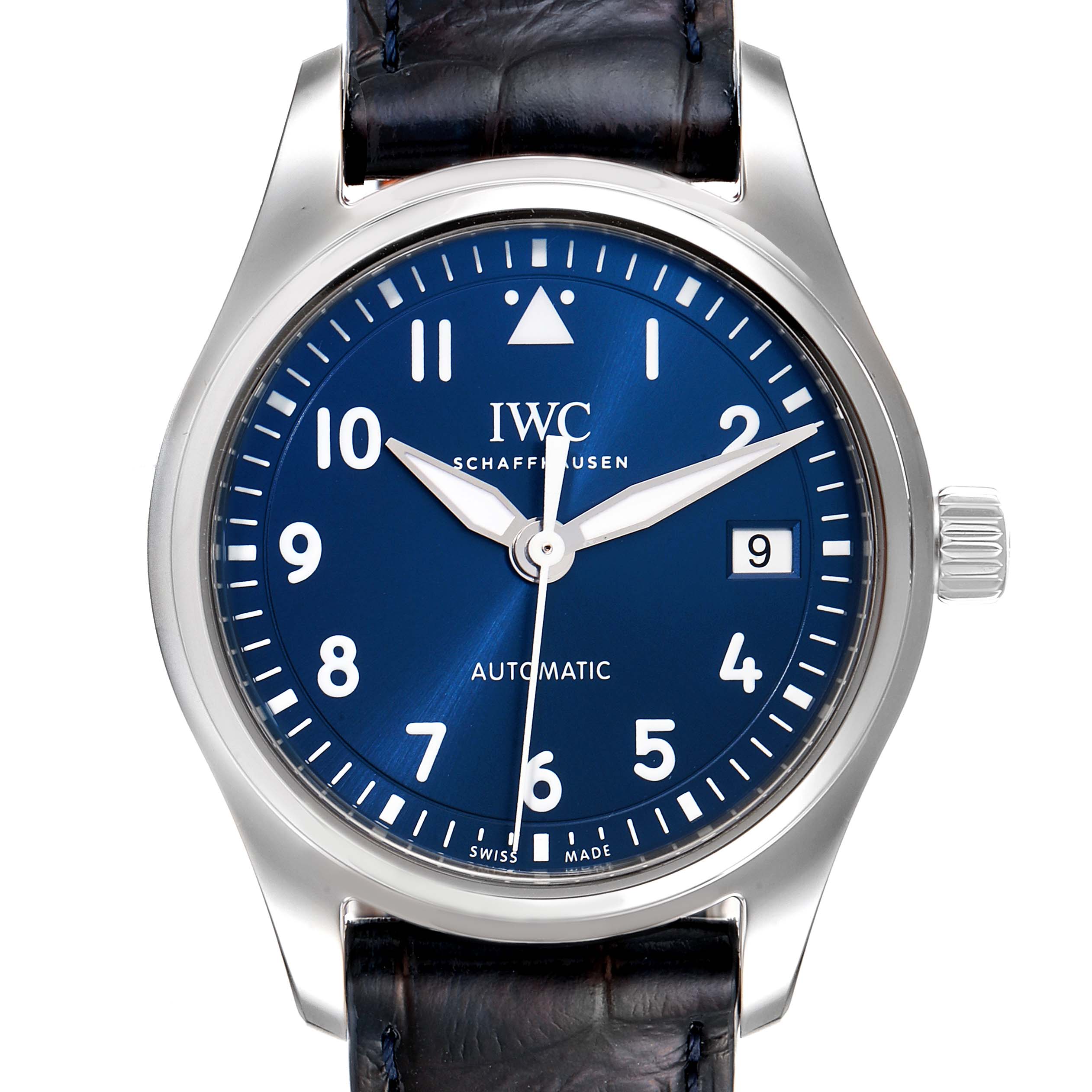 This image shows the front view of the IWC Pilot IW324008 Men's Stainless Steel Blue Dial IW324008 Men's Stainless Steel Blue Dial model watch with a blue dial, date window, and black leather strap.