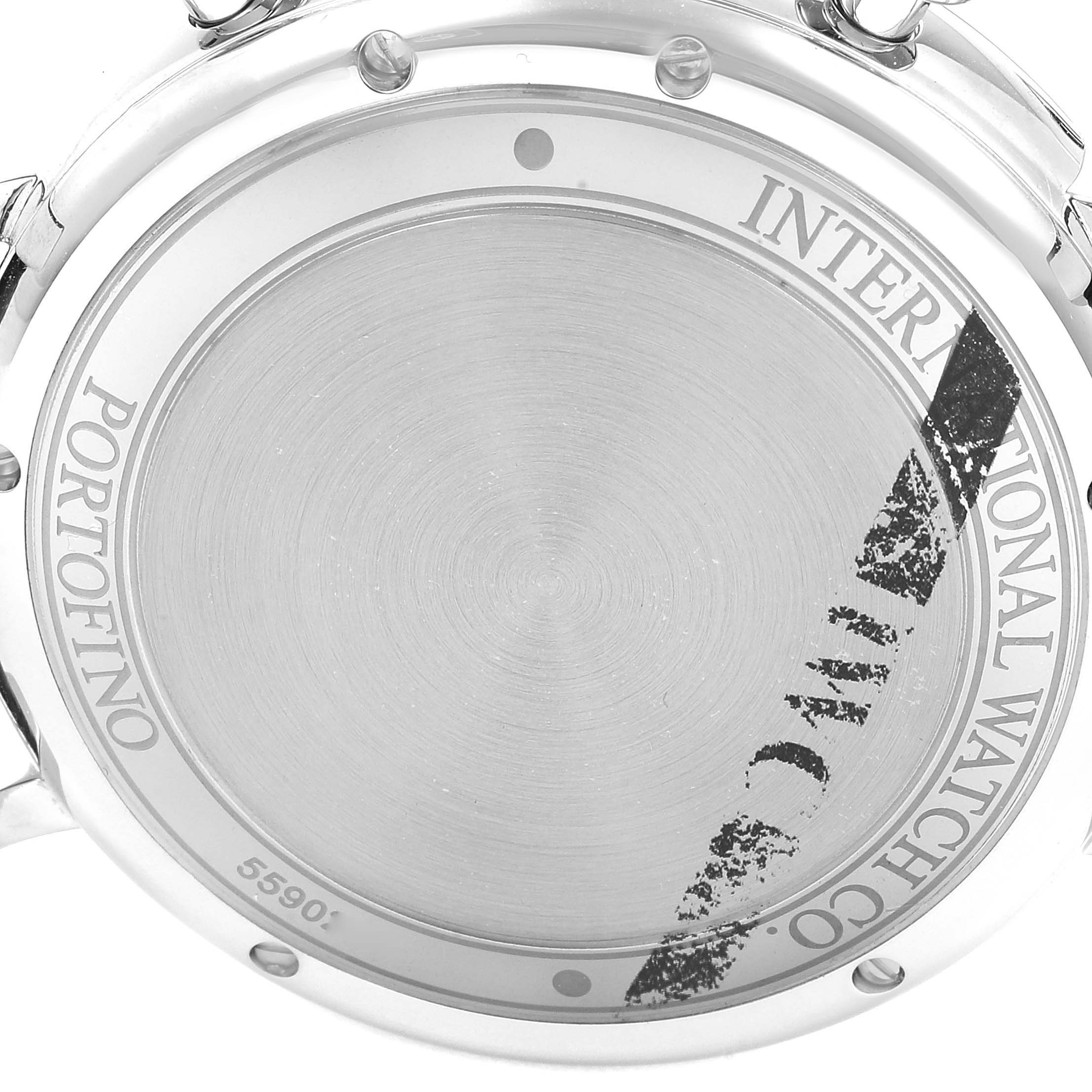 The image shows the case back of an IWC Portofino IW391008 Men's Stainless Steel Black Dial IW391008 Men's Stainless Steel Black Dial watch, displaying the engraving and screws.