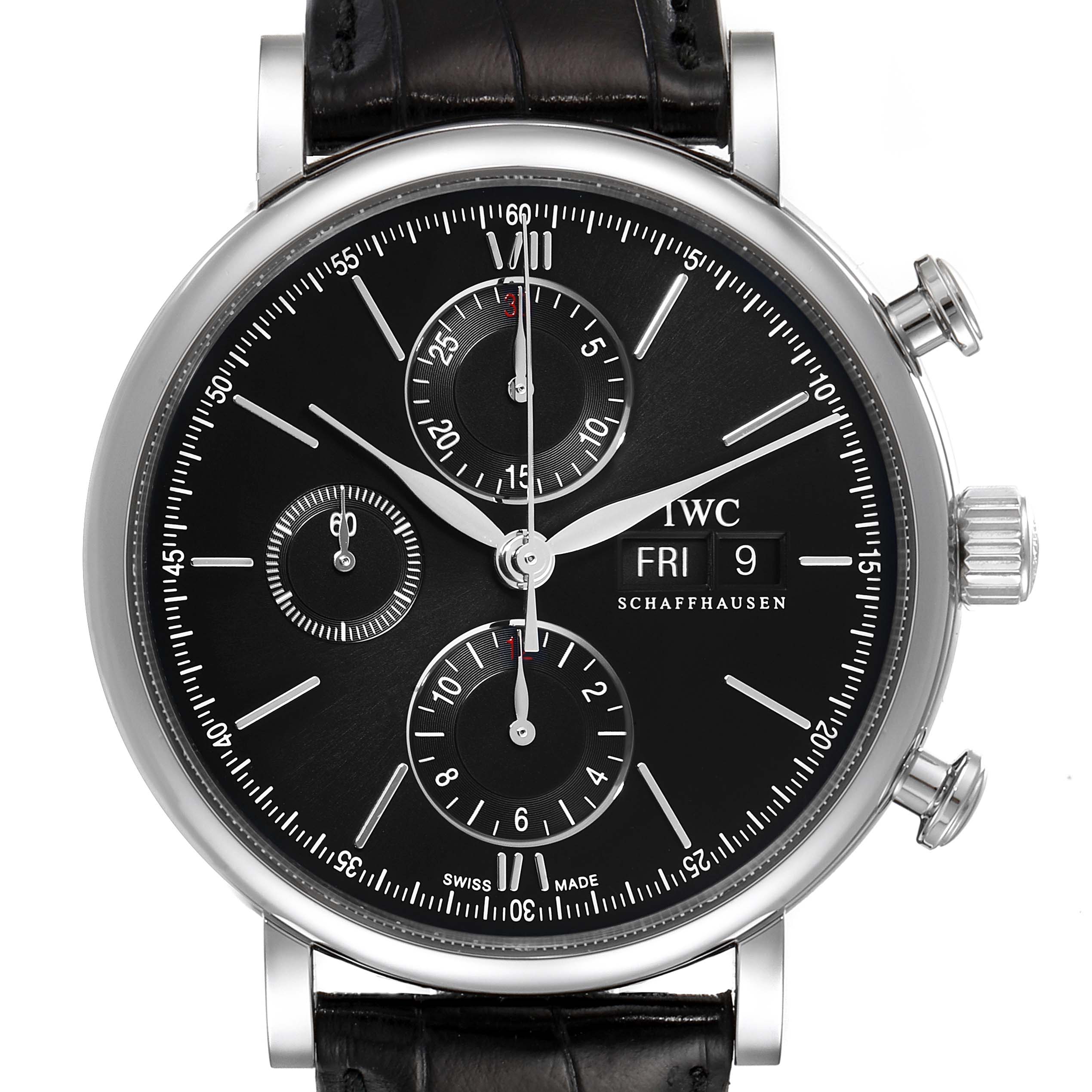 The image shows a front view of the IWC Portofino IW391008 Men's Stainless Steel Black Dial IW391008 Men's Stainless Steel Black Dial watch, highlighting the dial, subdials, and crown.