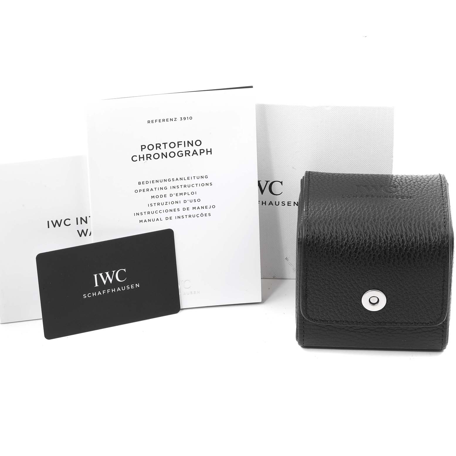 The image shows the IWC Portofino IW391008 Men's Stainless Steel Black Dial IW391008 Men's Stainless Steel Black Dial Chronograph's operating instructions, warranty card, and a black leather case.