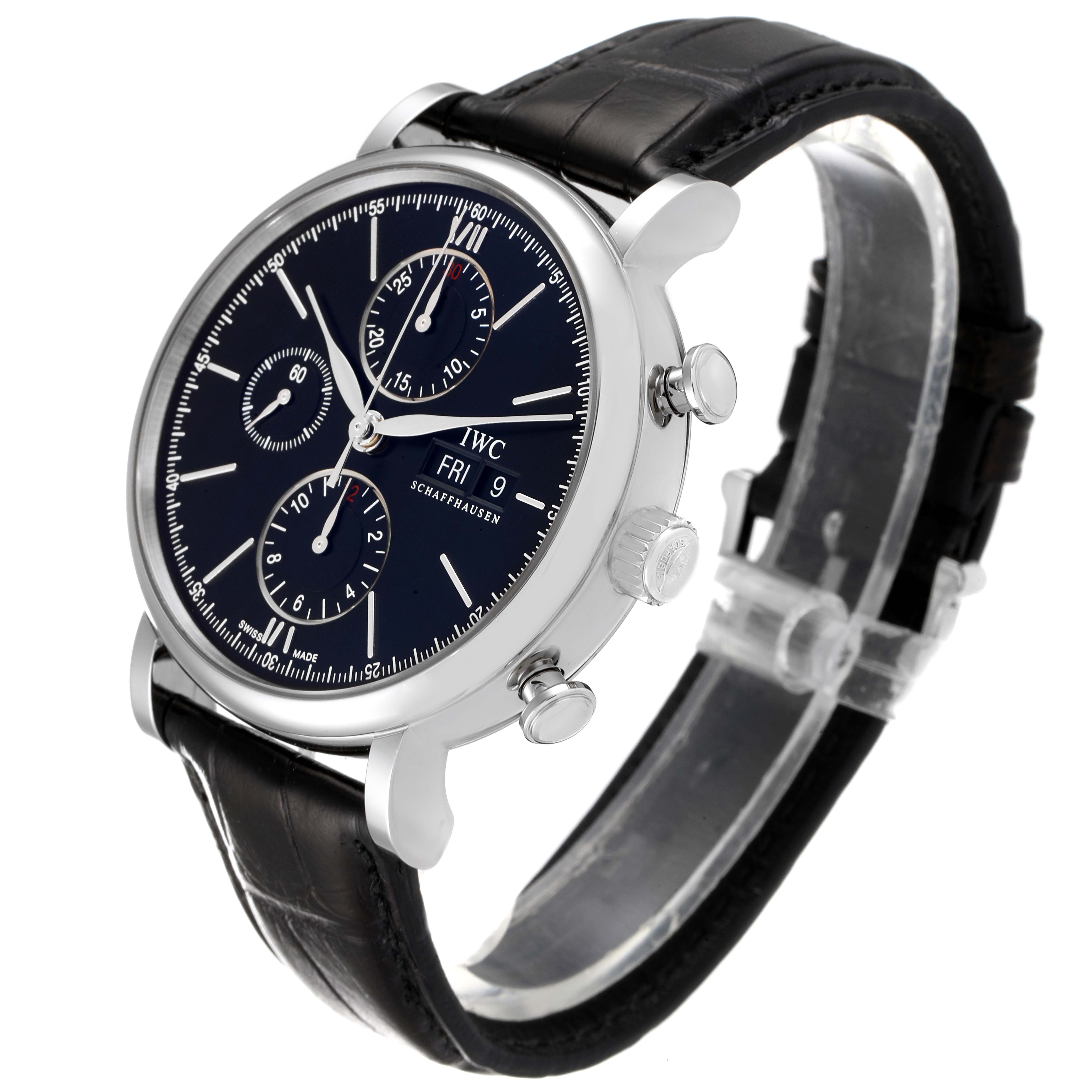 This image shows an IWC Portofino IW391008 Men's Stainless Steel Black Dial IW391008 Men's Stainless Steel Black Dial watch at a three-quarter angle, highlighting its face, crown, pushers, and leather strap.