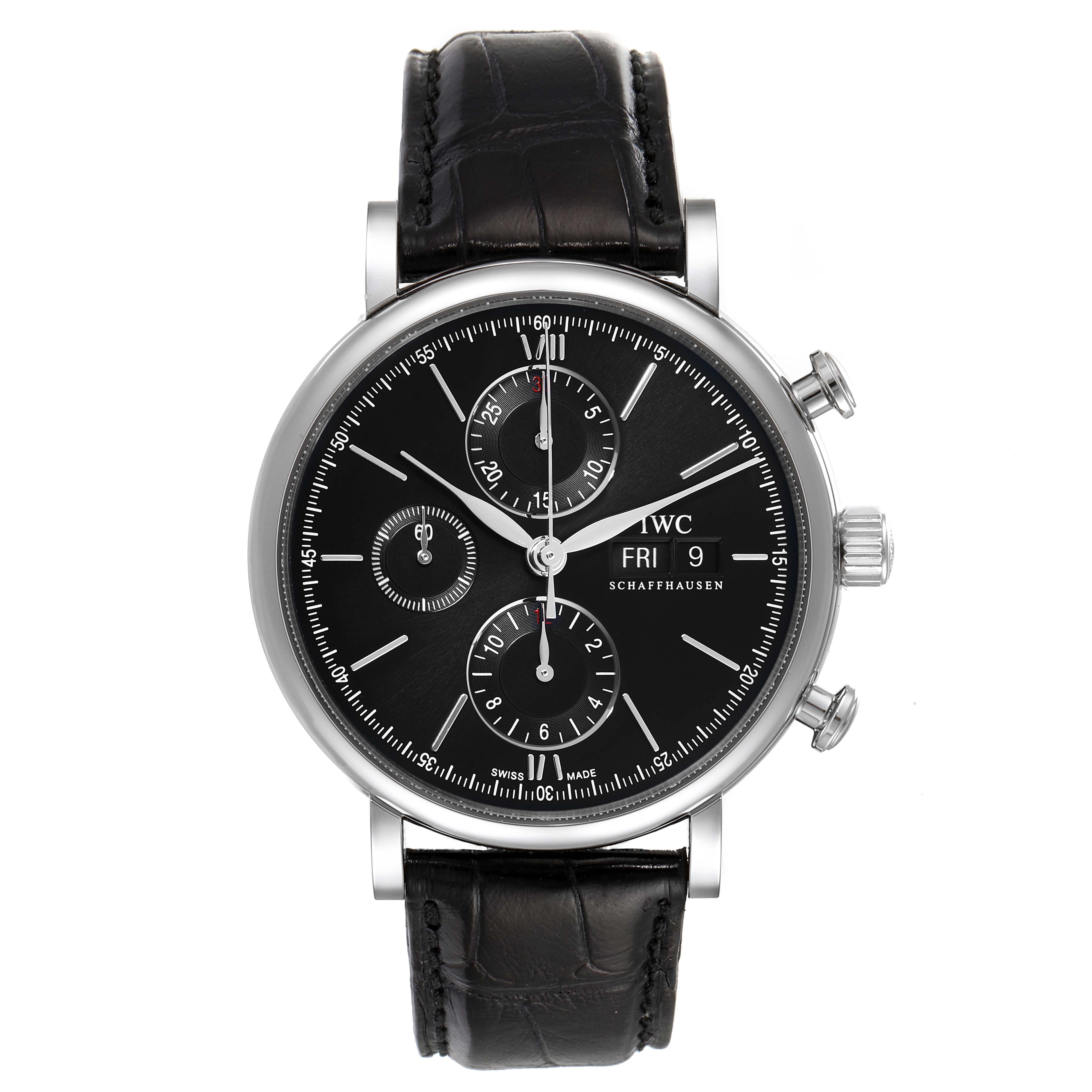The IWC Portofino IW391008 Men's Stainless Steel Black Dial IW391008 Men's Stainless Steel Black Dial watch is shown from a front angle, displaying its black dial, subdials, date window, and leather strap.