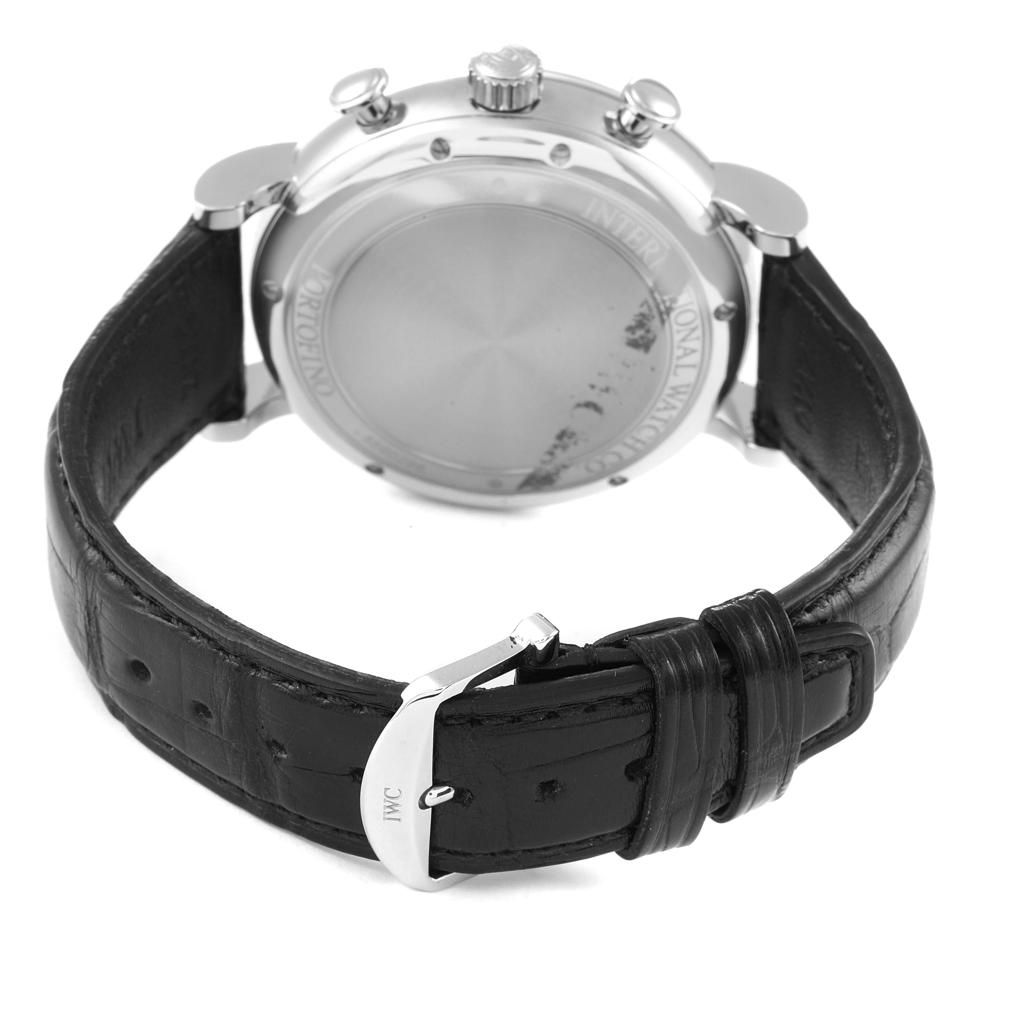The image shows the backside of the IWC Portofino IW391008 Men's Stainless Steel Black Dial IW391008 Men's Stainless Steel Black Dial watch, including the case back, crown, pushers, and black leather strap with buckle.
