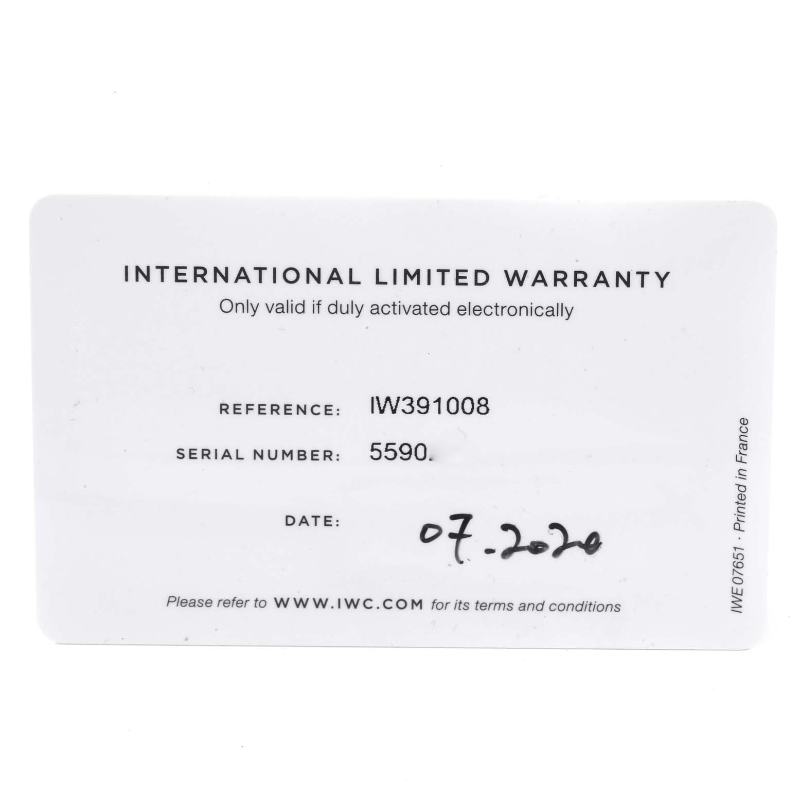 The image shows an IWC Portofino IW391008 Men's Stainless Steel Black Dial IW391008 Men's Stainless Steel Black Dial model warranty card with reference IW391008 and serial number 5590.