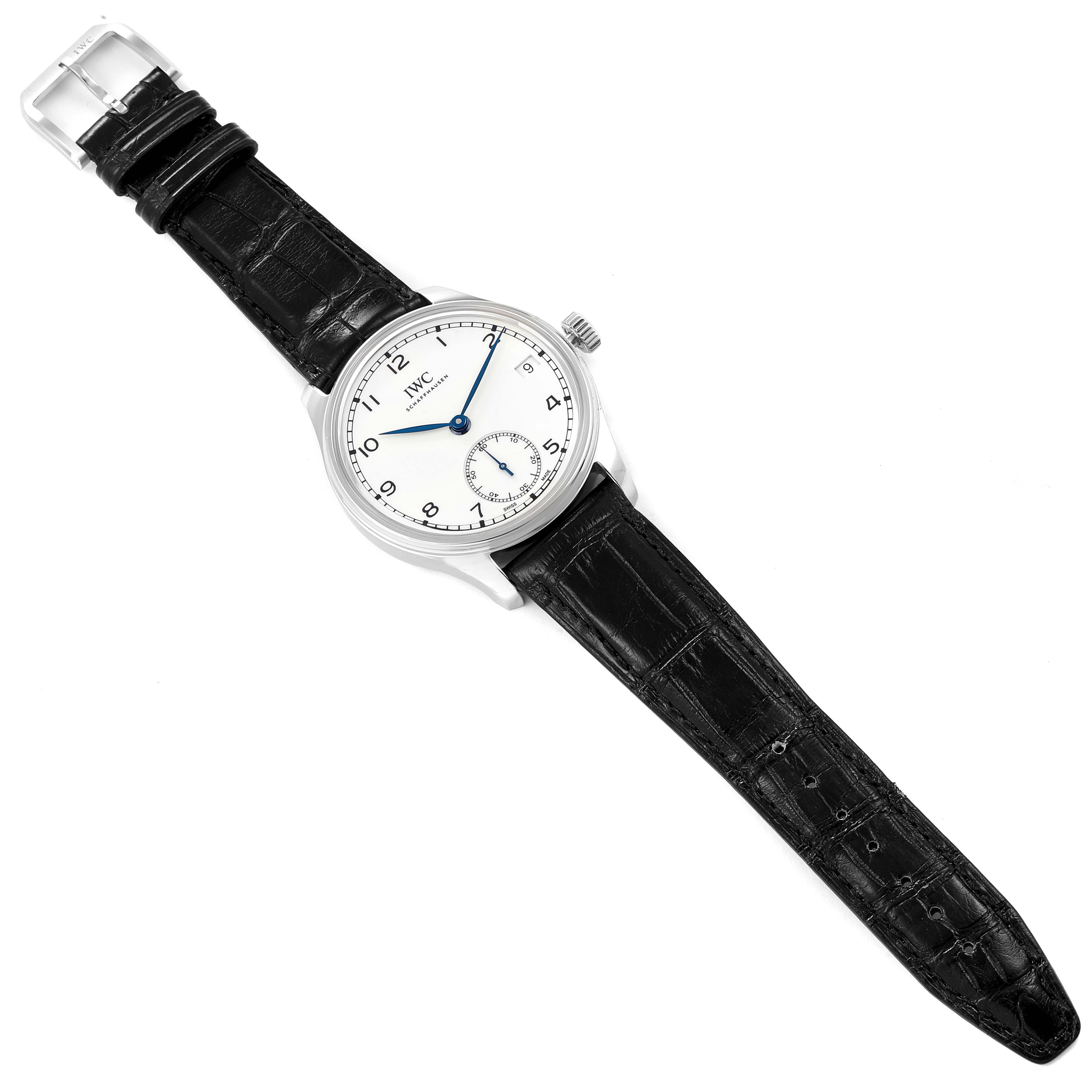 The image shows a top-down view of an IWC Portuguese IW510212 Men's Stainless Steel White Dial IW510212 Men's Stainless Steel White Dial model watch with a white dial and black leather strap.