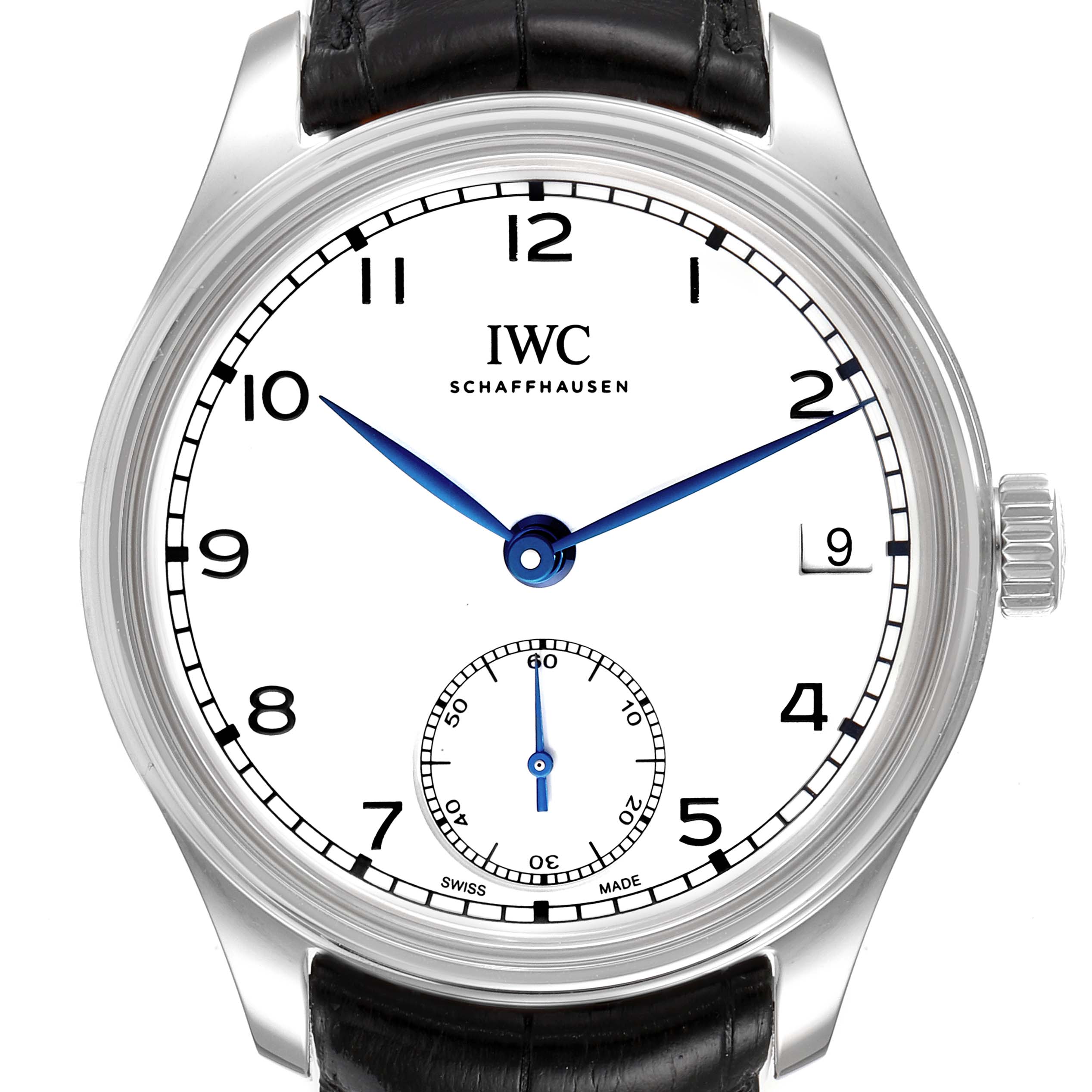 This image displays the IWC Portuguese IW510212 Men's Stainless Steel White Dial IW510212 Men's Stainless Steel White Dial model watch from a front view, showcasing its dial, hands, numerals, and crown.