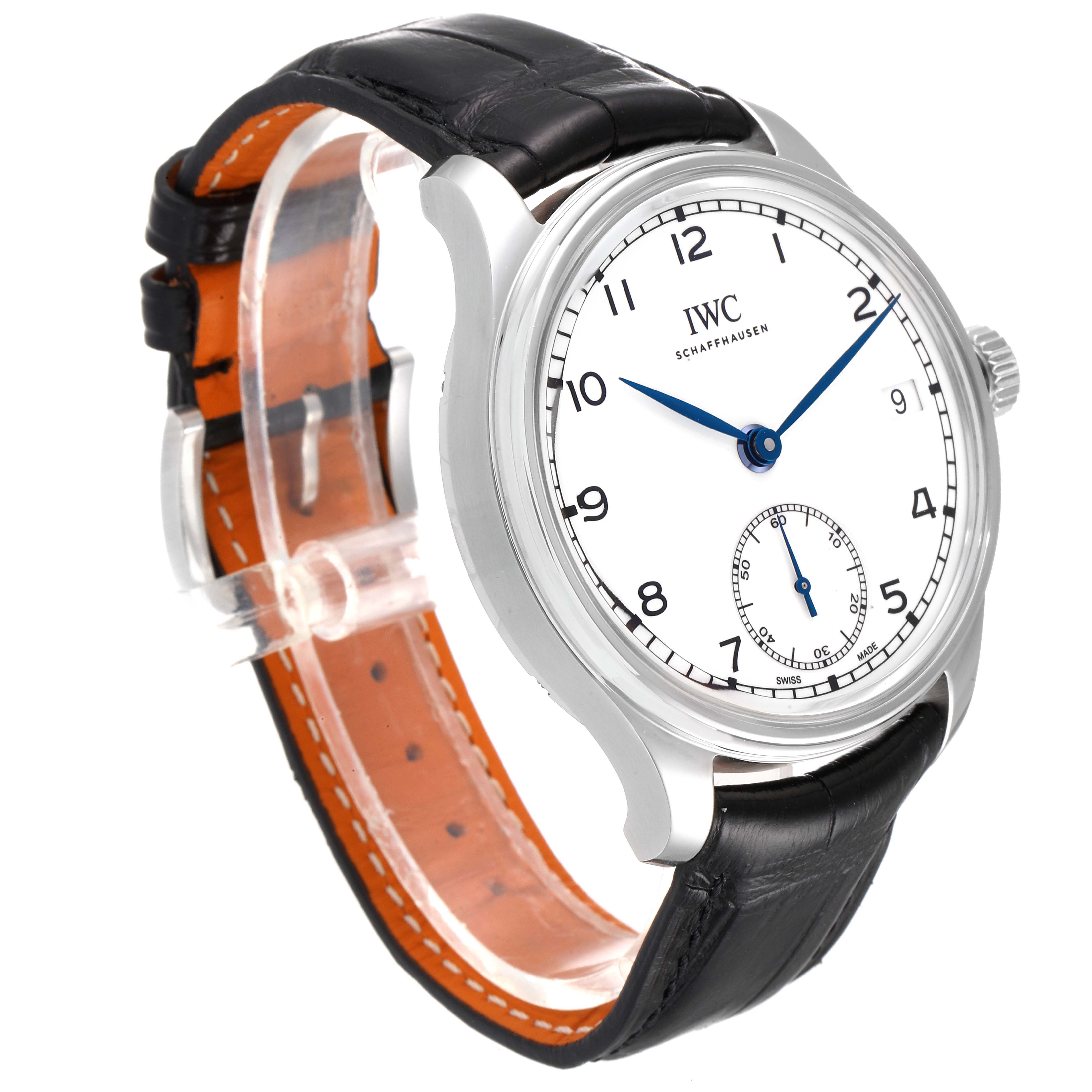 The image shows an angled view of the IWC Portuguese IW510212 Men's Stainless Steel White Dial IW510212 Men's Stainless Steel White Dial watch, highlighting the face, hands, and black leather strap.