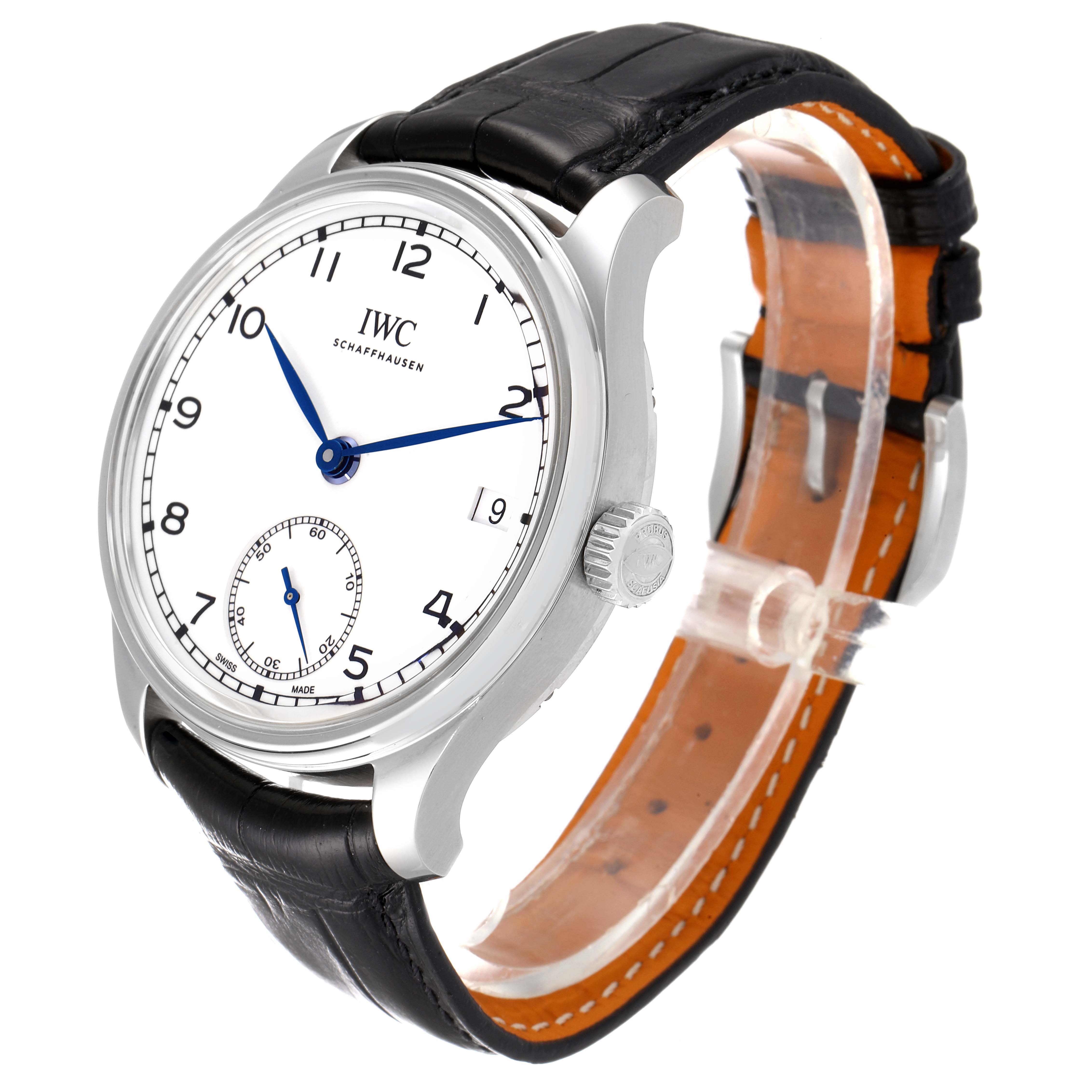 The IWC Portuguese IW510212 Men's Stainless Steel White Dial IW510212 Men's Stainless Steel White Dial model watch is shown at an angled view highlighting its face, crown, and black leather strap.