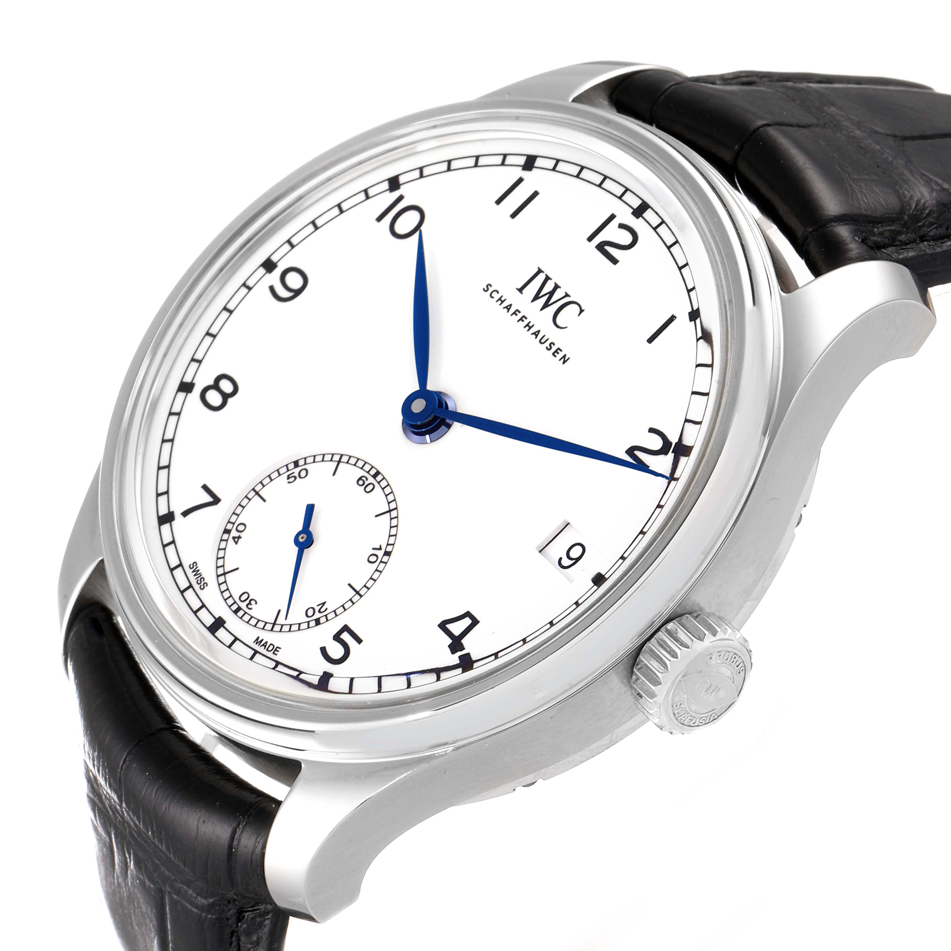 The IWC Portuguese IW510212 Men's Stainless Steel White Dial IW510212 Men's Stainless Steel White Dial model watch is shown at an oblique angle, displaying the face, crown, and part of the leather strap.