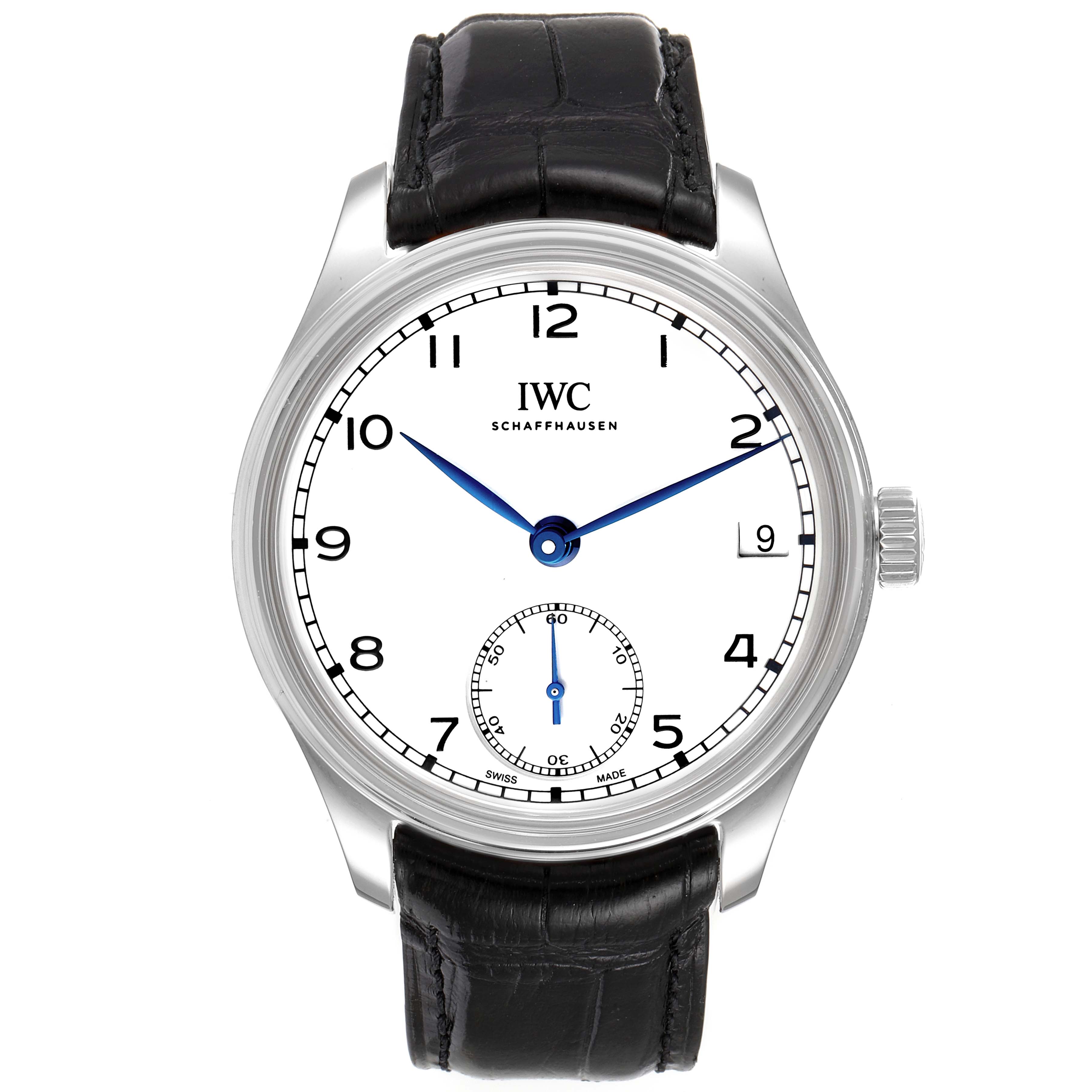 The image shows a front view of the IWC Portuguese IW510212 Men's Stainless Steel White Dial IW510212 Men's Stainless Steel White Dial model watch, displaying its white dial, blue hands, and black leather strap.