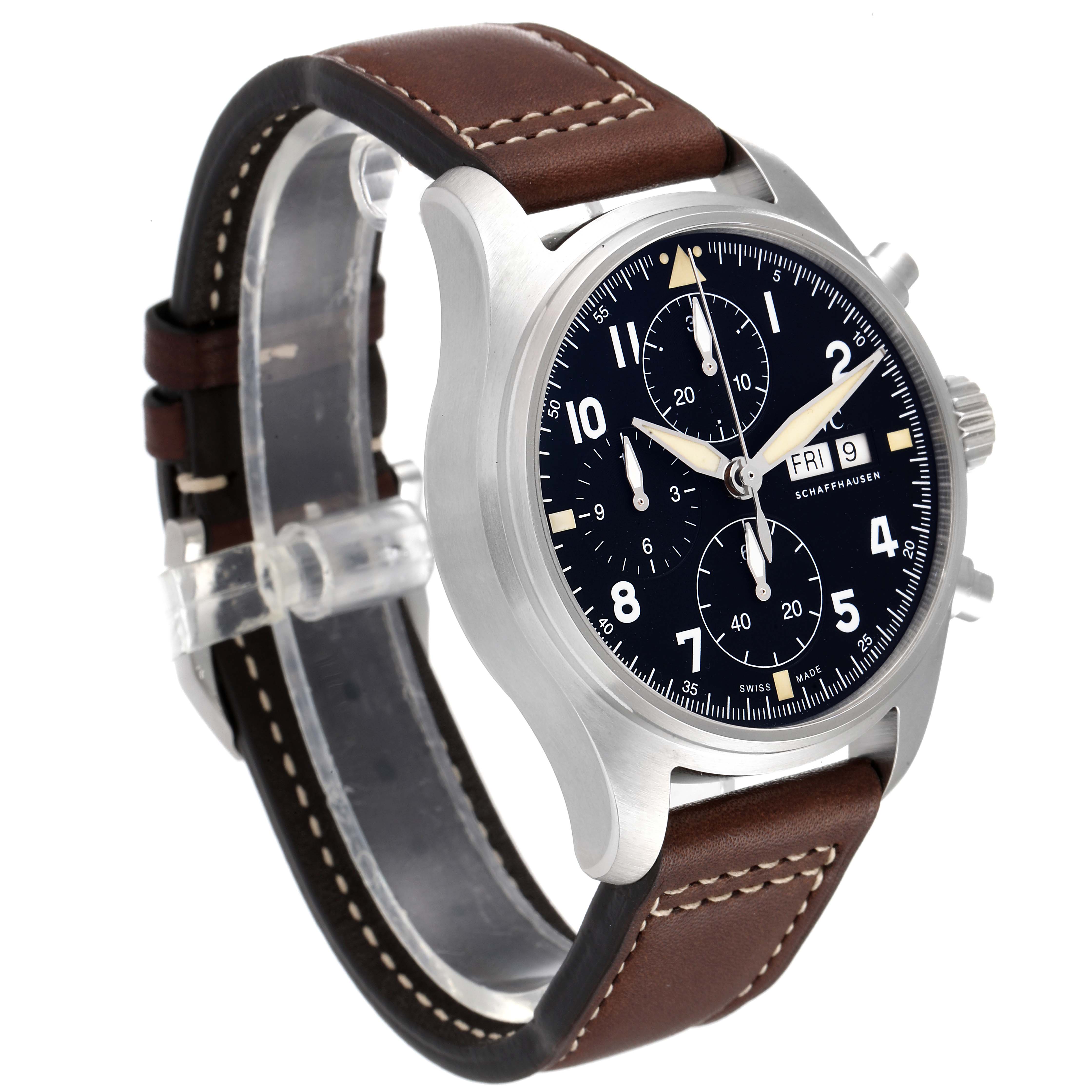 The image shows a three-quarter front view of an IWC Pilot IW387903 Men
s Stainless Steel Black Dial IW387903 Men
s Stainless Steel Black Dial model watch, highlighting its black dial, chronograph subdials, and brown leather strap.