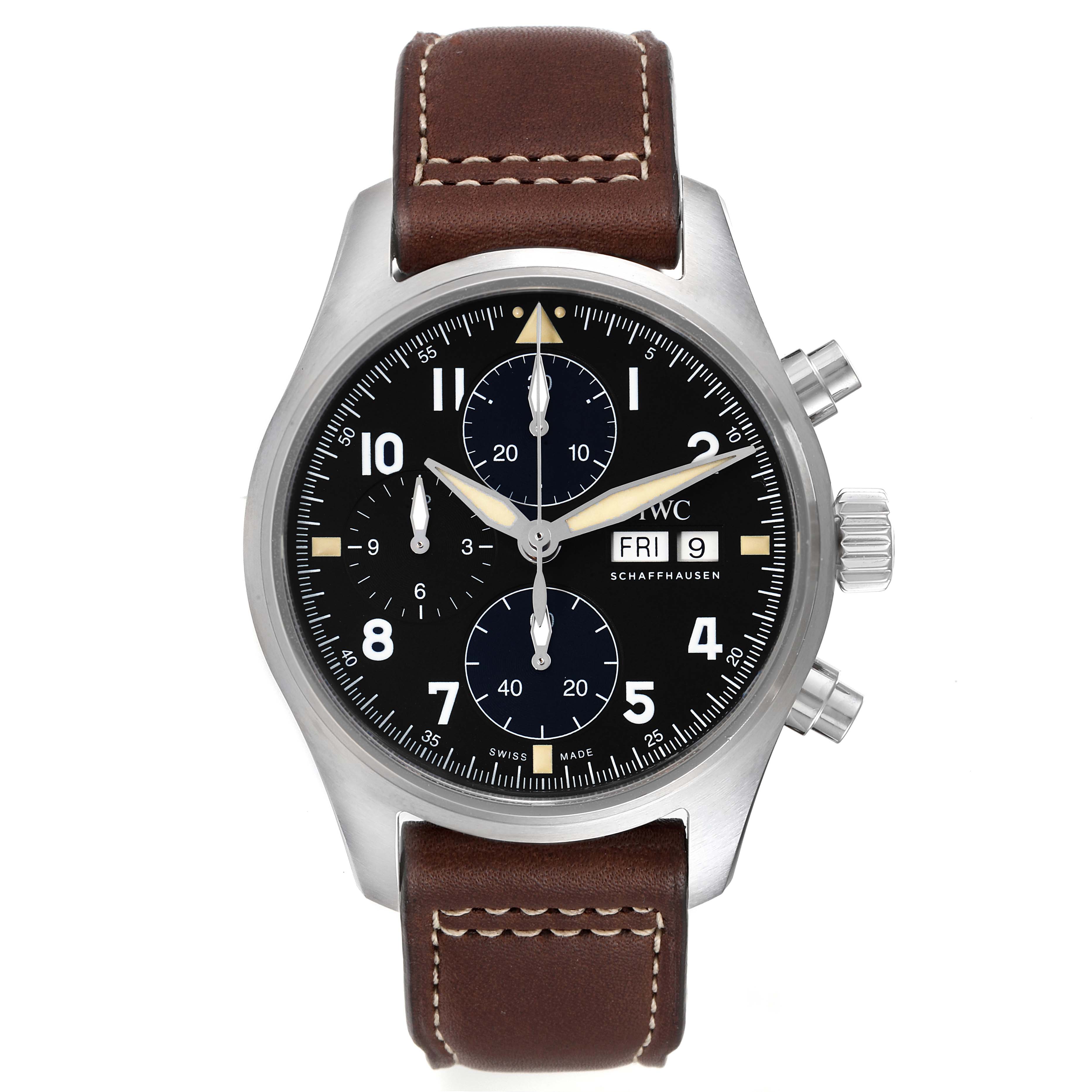 The image shows a pilot model IWC watch from a front view, featuring a black dial, brown leather strap, chronograph subdials, and side buttons.
