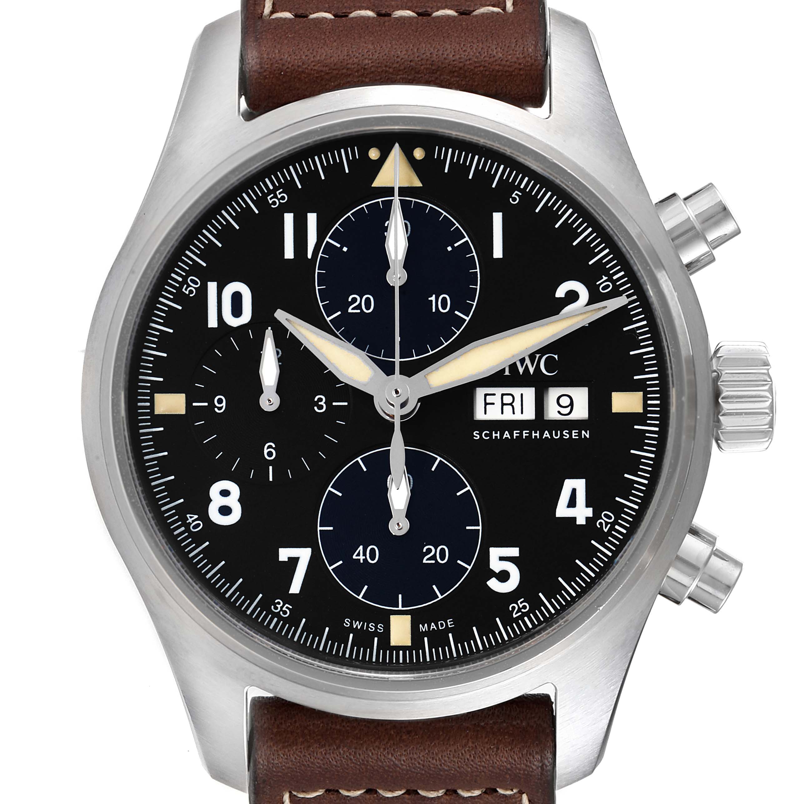 The image shows a frontal view of the IWC Pilot IW387903 Men
s Stainless Steel Black Dial IW387903 Men
s Stainless Steel Black Dial watch, highlighting the dial, hands, subdials, crown, pushers, and part of the leather strap.