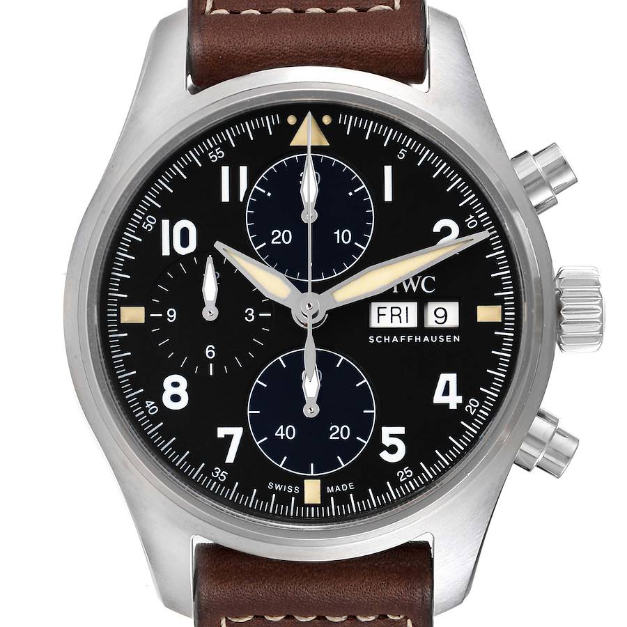 IWC Spitfire Pilot Steel Black Dial Chronograph Mens Watch IW387903 Unworn SwissWatchExpo