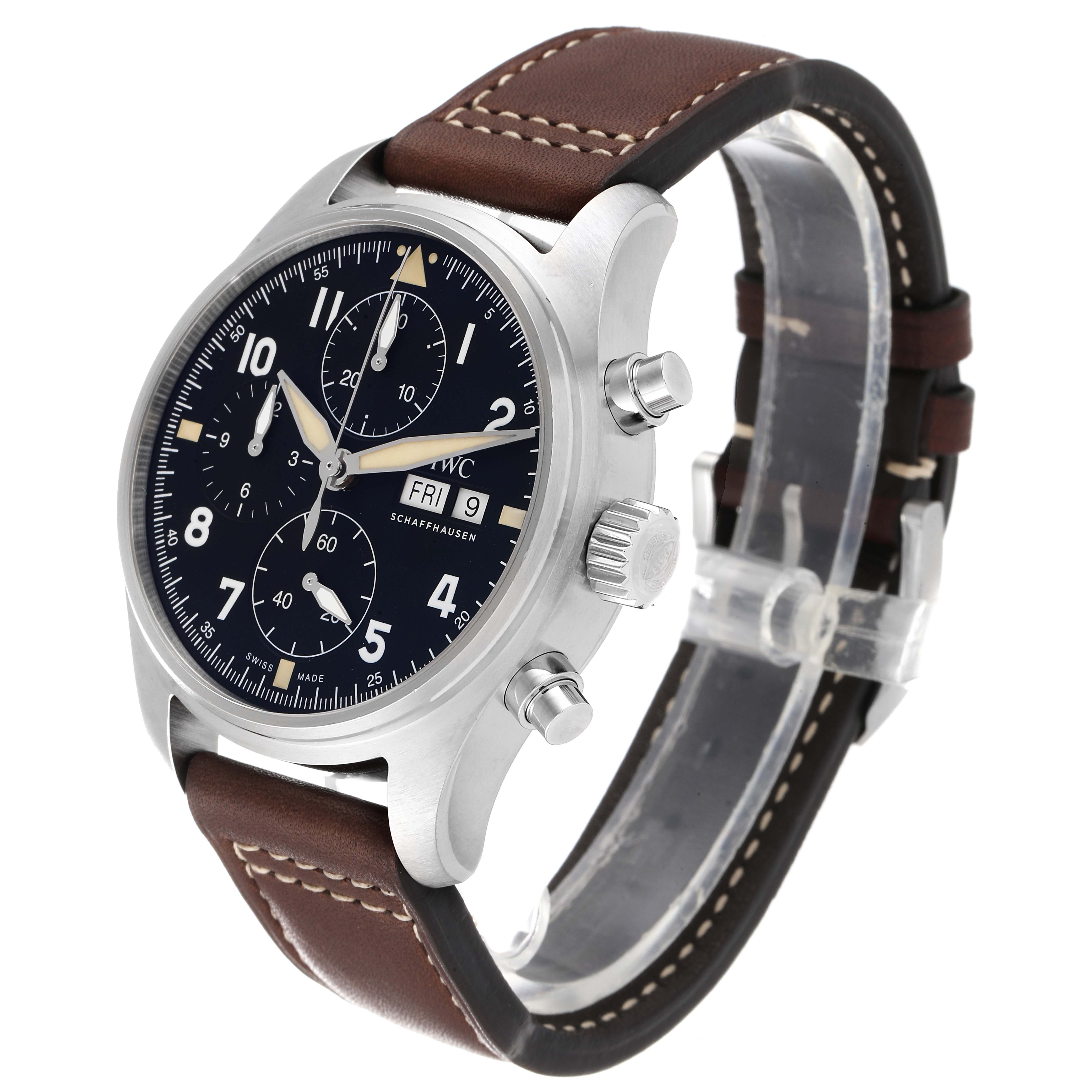 The IWC Pilot IW387903 Men
s Stainless Steel Black Dial IW387903 Men
s Stainless Steel Black Dial model watch is shown at an angle highlighting its face, crown, pushers, and brown leather strap.
