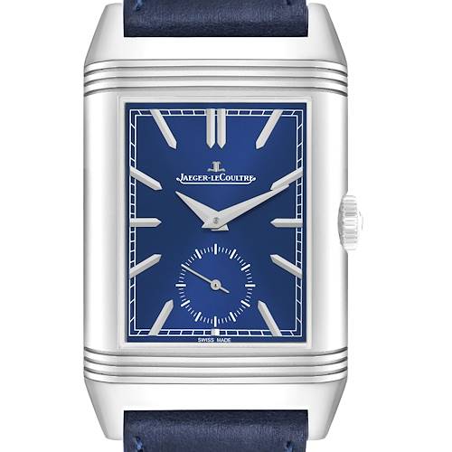 The Jaeger-LeCoultre Reverso watch is shown from a frontal angle, featuring a blue dial and a visible side crown.