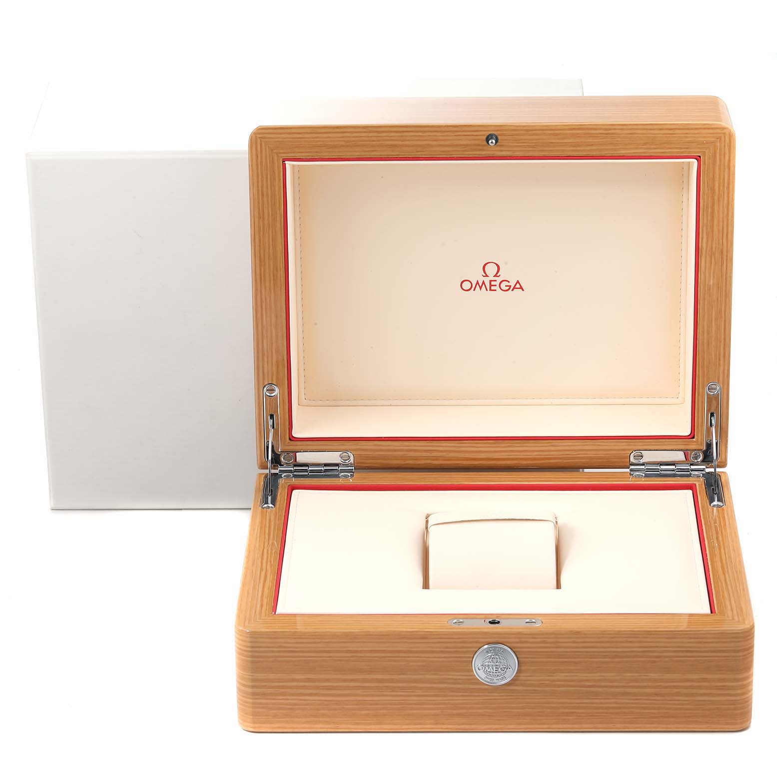 The image shows an open Omega Planet Ocean 215.92.46.51.99.001 Men's Titanium Grey Dial 215.92.46.51.99.001 Men's Titanium Grey Dial watch box, highlighting its interior and hinges from a front angle.