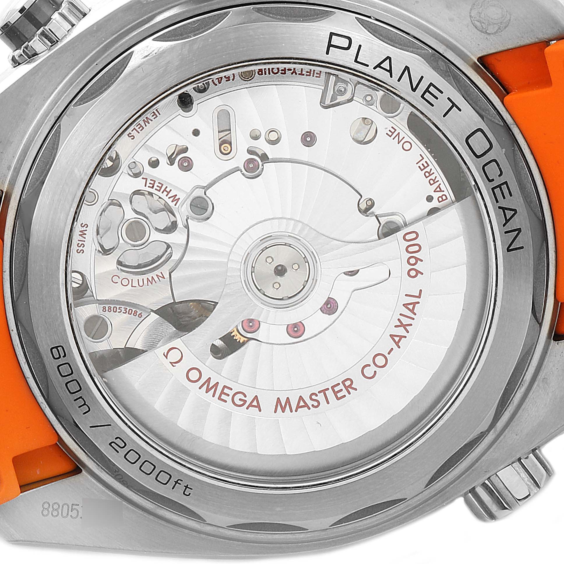 The image shows the back of an Omega Planet Ocean 215.92.46.51.99.001 Men's Titanium Grey Dial 215.92.46.51.99.001 Men's Titanium Grey Dial watch, highlighting its Omega Master Co-Axial movement.