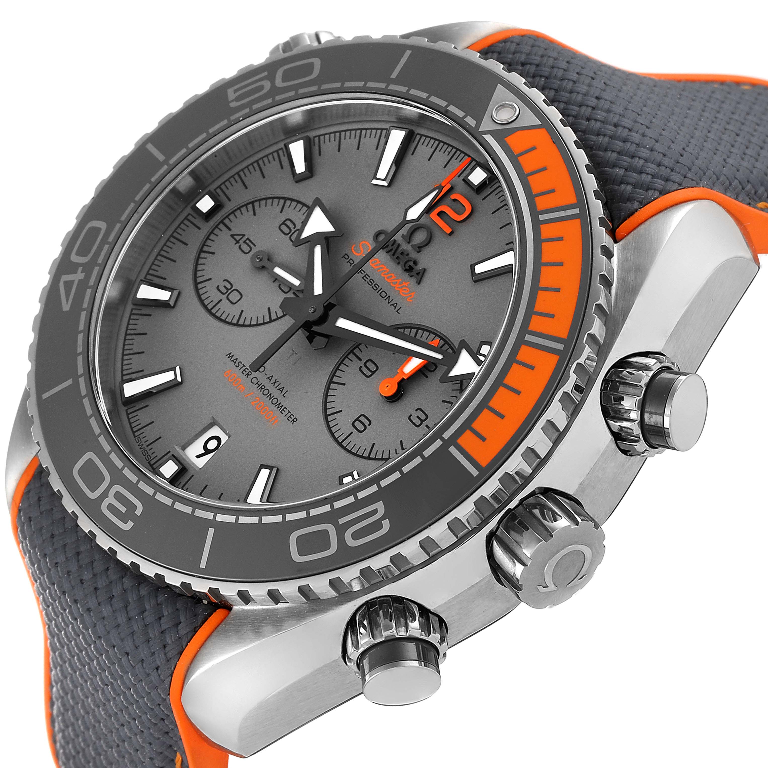 The image shows an angled view of the Omega Planet Ocean 215.92.46.51.99.001 Men's Titanium Grey Dial 215.92.46.51.99.001 Men's Titanium Grey Dial watch, highlighting its face, bezel, pushers, and strap.