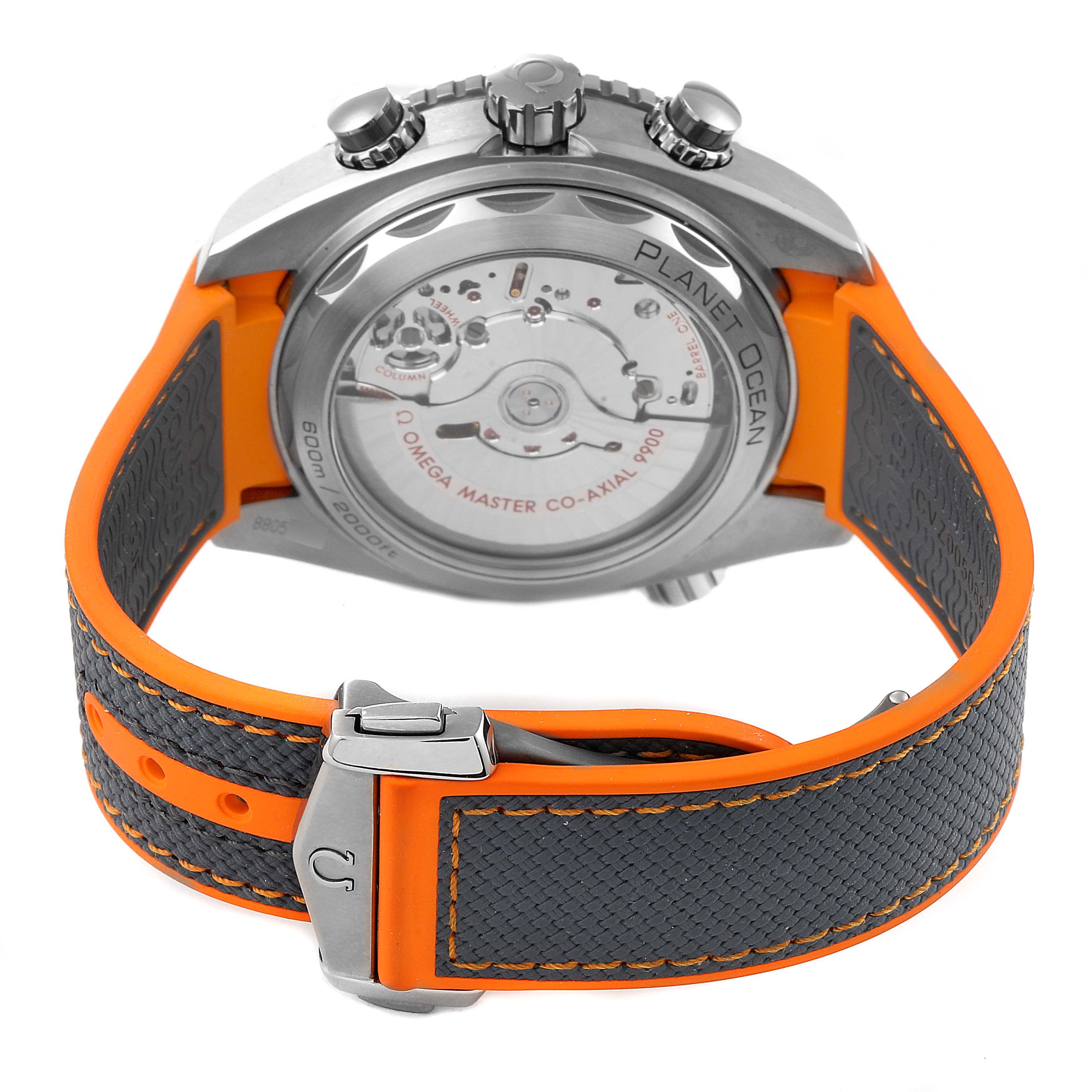 The image shows the back view of the Omega Planet Ocean 215.92.46.51.99.001 Men's Titanium Grey Dial 215.92.46.51.99.001 Men's Titanium Grey Dial watch, focusing on its movement, case back, and strap.