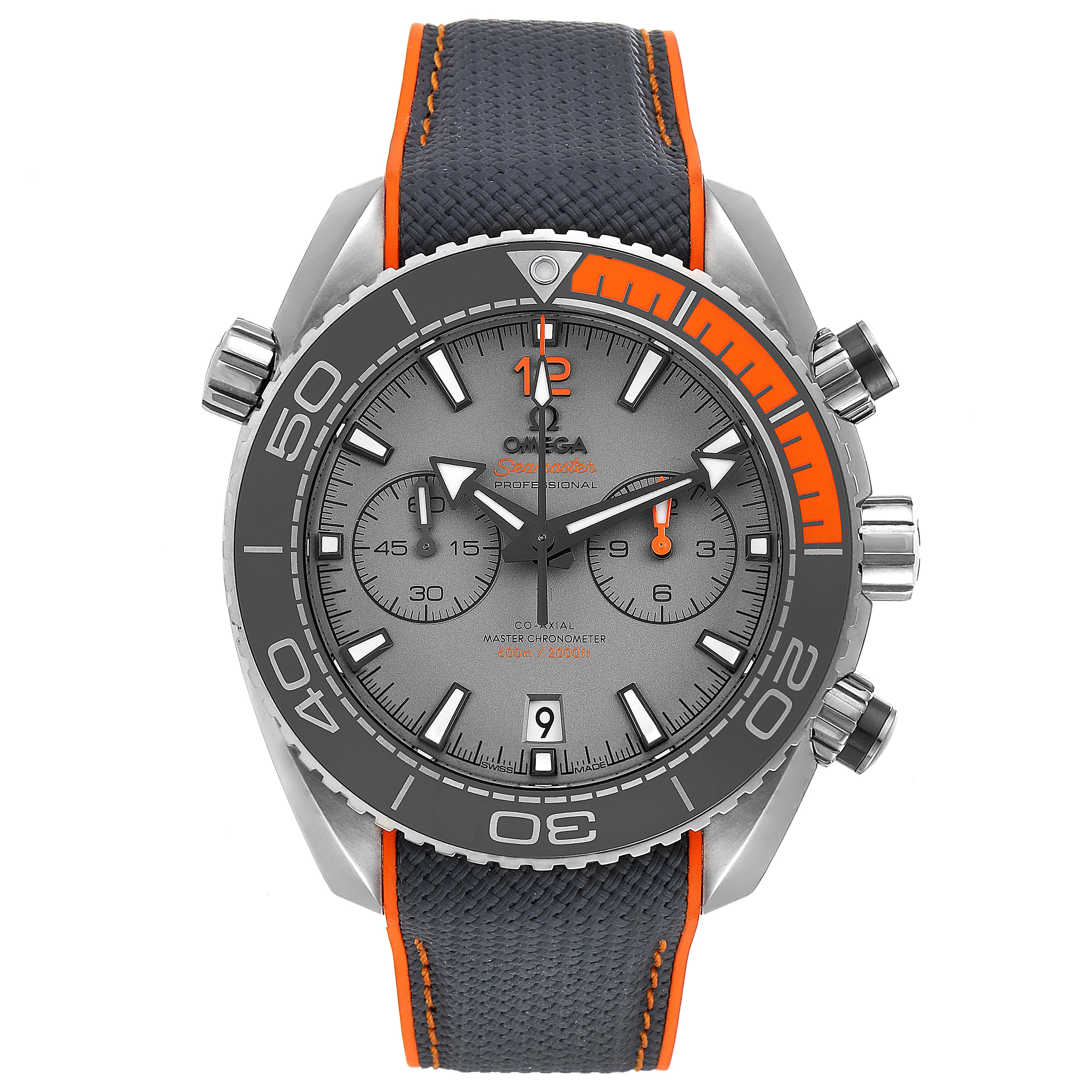 The Omega Planet Ocean 215.92.46.51.99.001 Men's Titanium Grey Dial 215.92.46.51.99.001 Men's Titanium Grey Dial watch is shown from a front angle, revealing its dial, bezel, subdials, and strap.