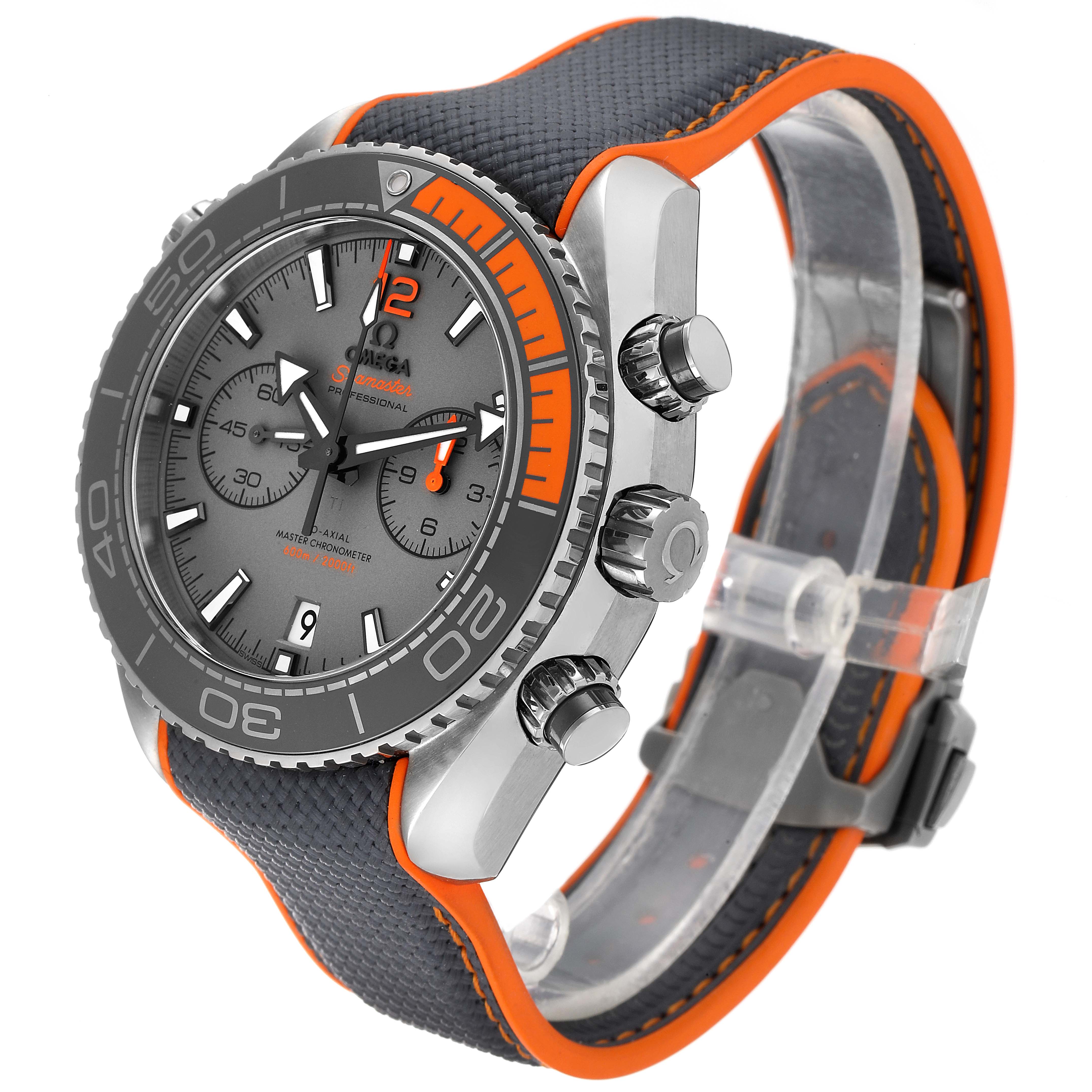 The image shows an angled side view of the Omega Planet Ocean 215.92.46.51.99.001 Men's Titanium Grey Dial 215.92.46.51.99.001 Men's Titanium Grey Dial watch, highlighting the case, crown, chronograph buttons, bezel, and strap.