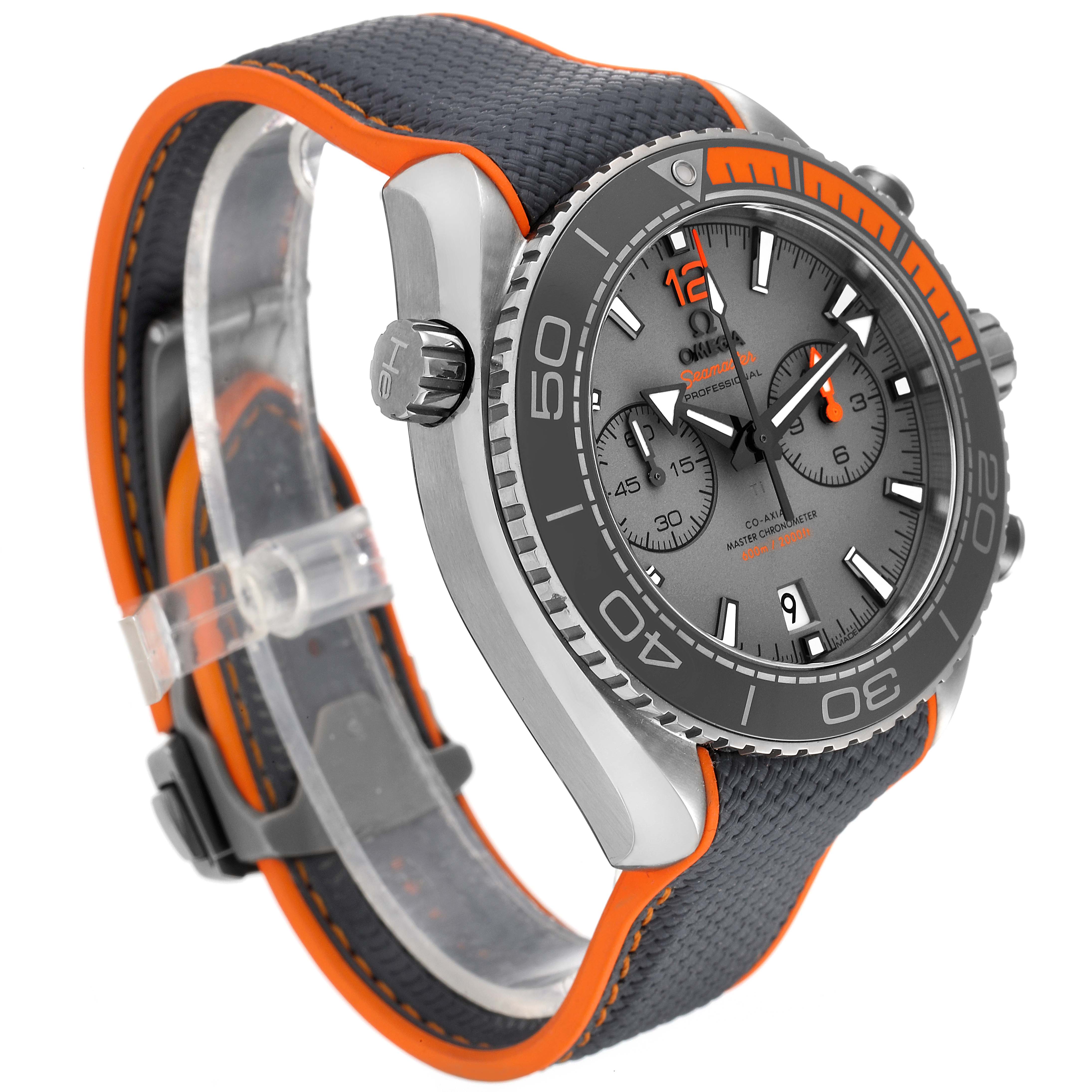 The image shows an angled side view of the Omega Planet Ocean 215.92.46.51.99.001 Men's Titanium Grey Dial 215.92.46.51.99.001 Men's Titanium Grey Dial watch with a focus on its dial, bezel, and strap.