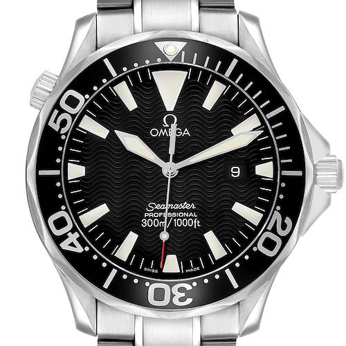 The Omega Seamaster 2264.50.00 Men's Stainless Steel Black Dial watch is shown from the front, displaying the dial, bezel, and part of the bracelet.