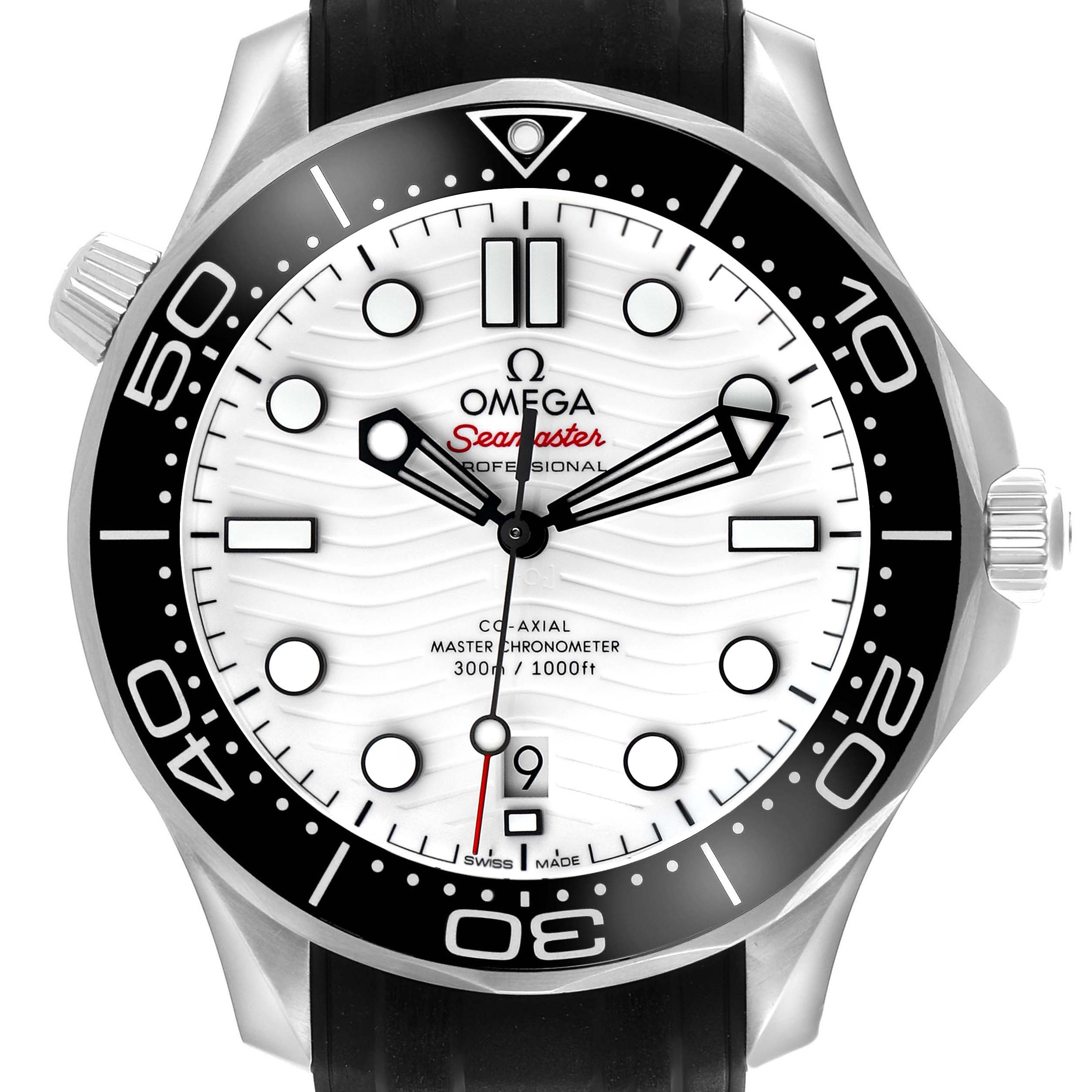 The Omega Seamaster 210.32.42.20.04.001 Men's Stainless Steel White Dial watch is shown from the front, highlighting its dial, bezel, crown, and strap.