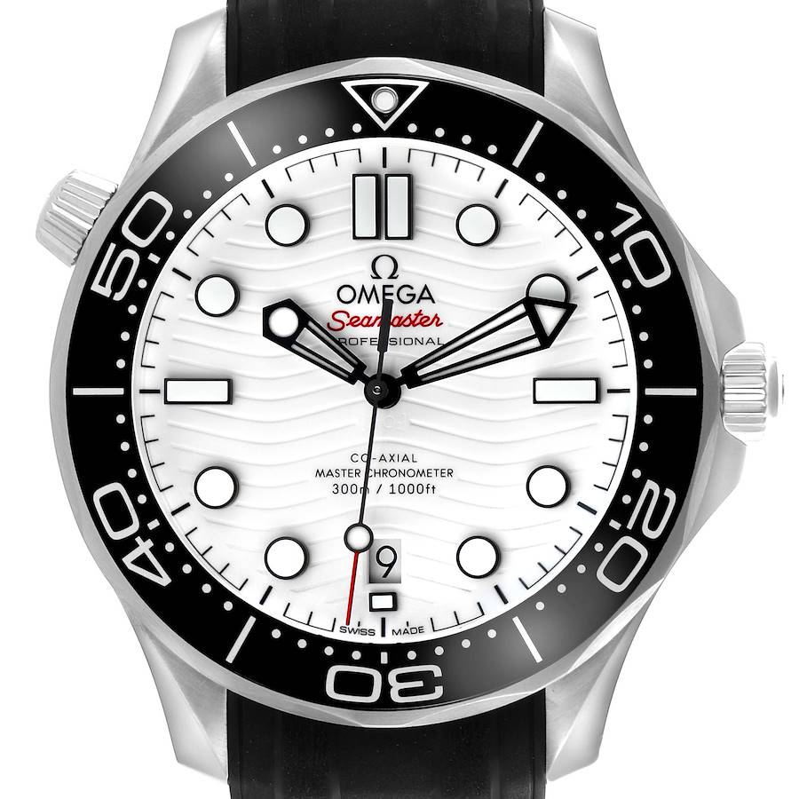 The Omega Seamaster 210.32.42.20.04.001 Men's Stainless Steel White Dial watch is shown from the front, highlighting its dial, bezel, crown, and strap.