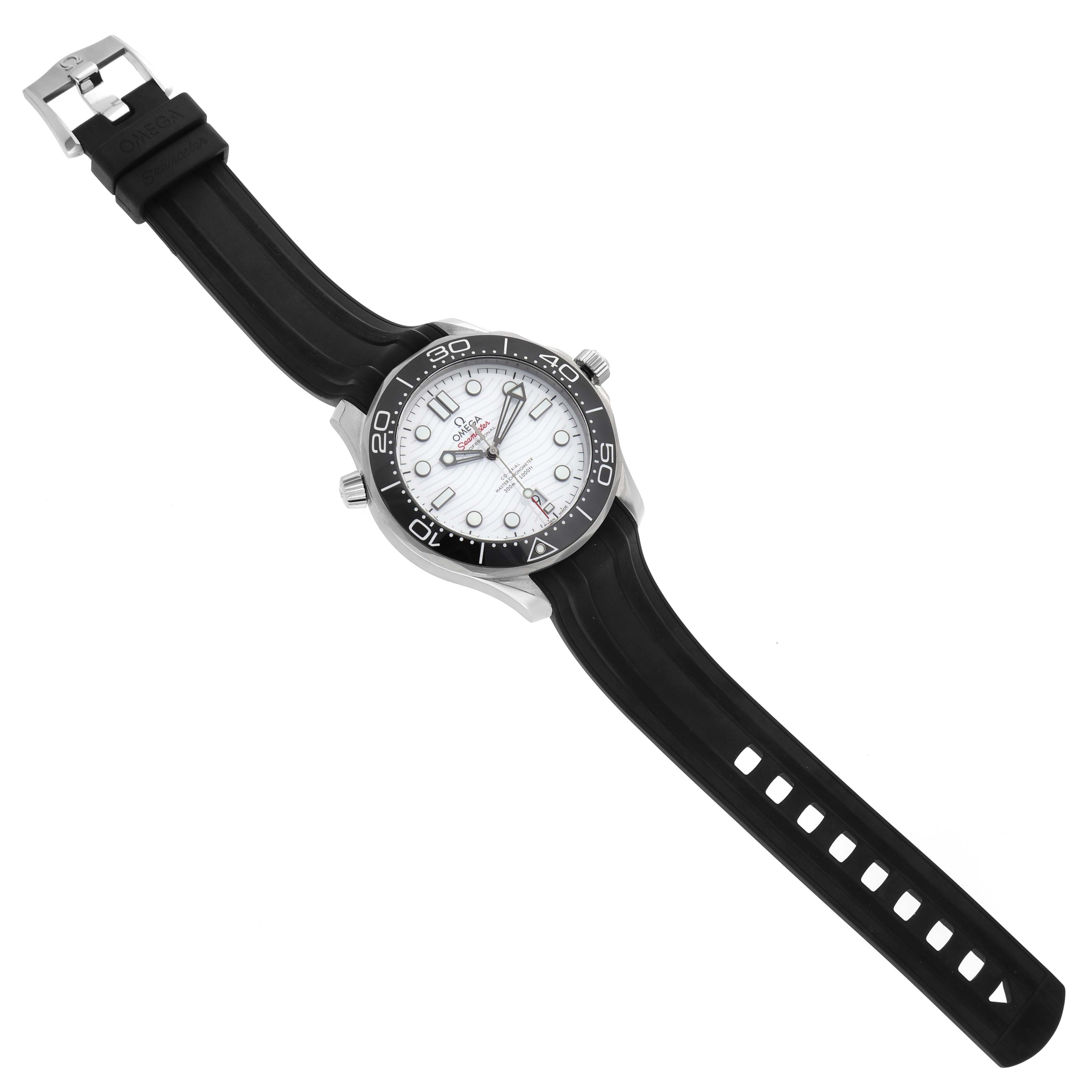 The Omega Seamaster 210.32.42.20.04.001 Men's Stainless Steel White Dial watch is shown at a top-down angle, featuring the face, bezel, case, and strap with a visible buckle.