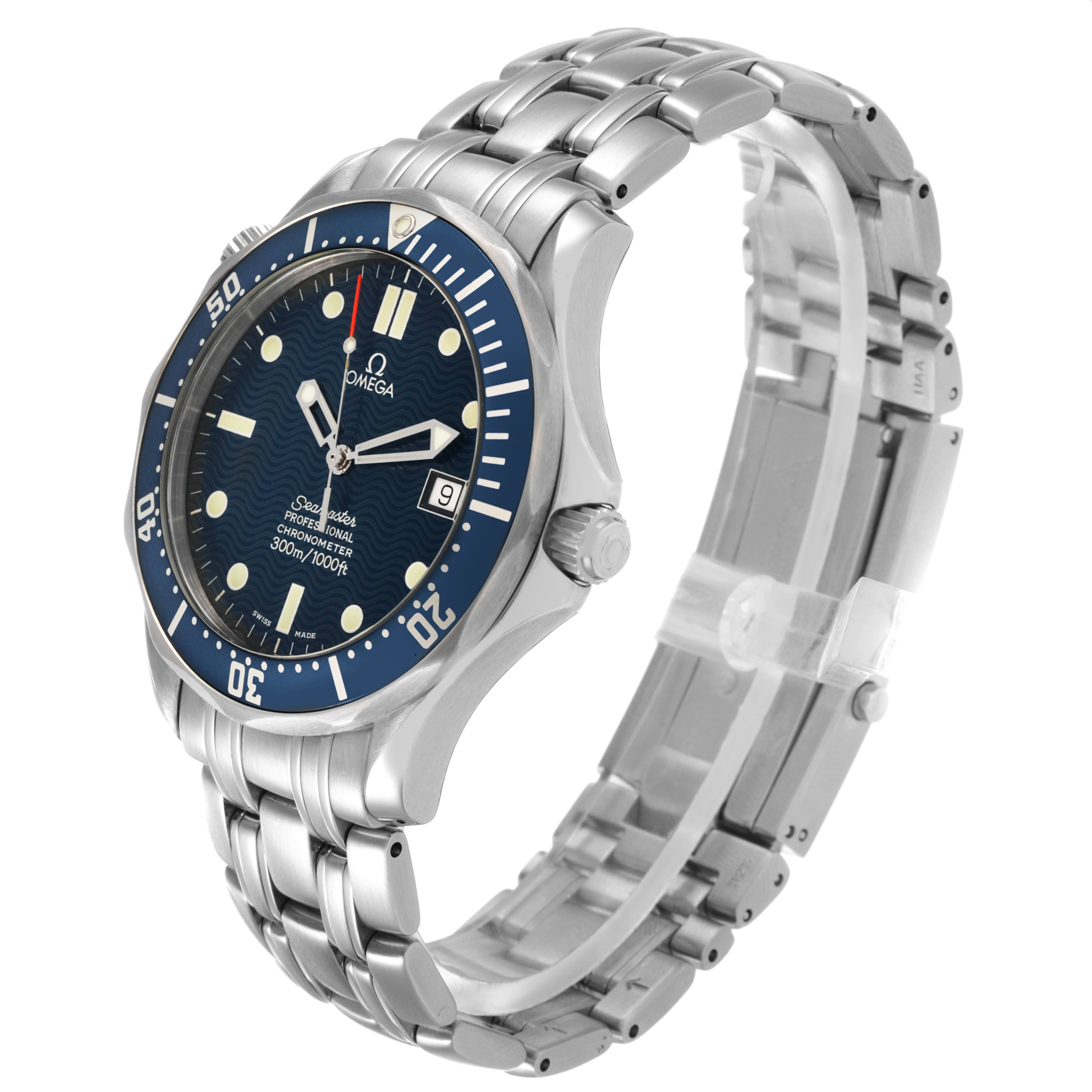 The Omega Seamaster 2531.80.00 Men's Stainless Steel Blue Dial watch is shown at a three-quarter angle, highlighting the dial, bezel, case, crown, and bracelet.