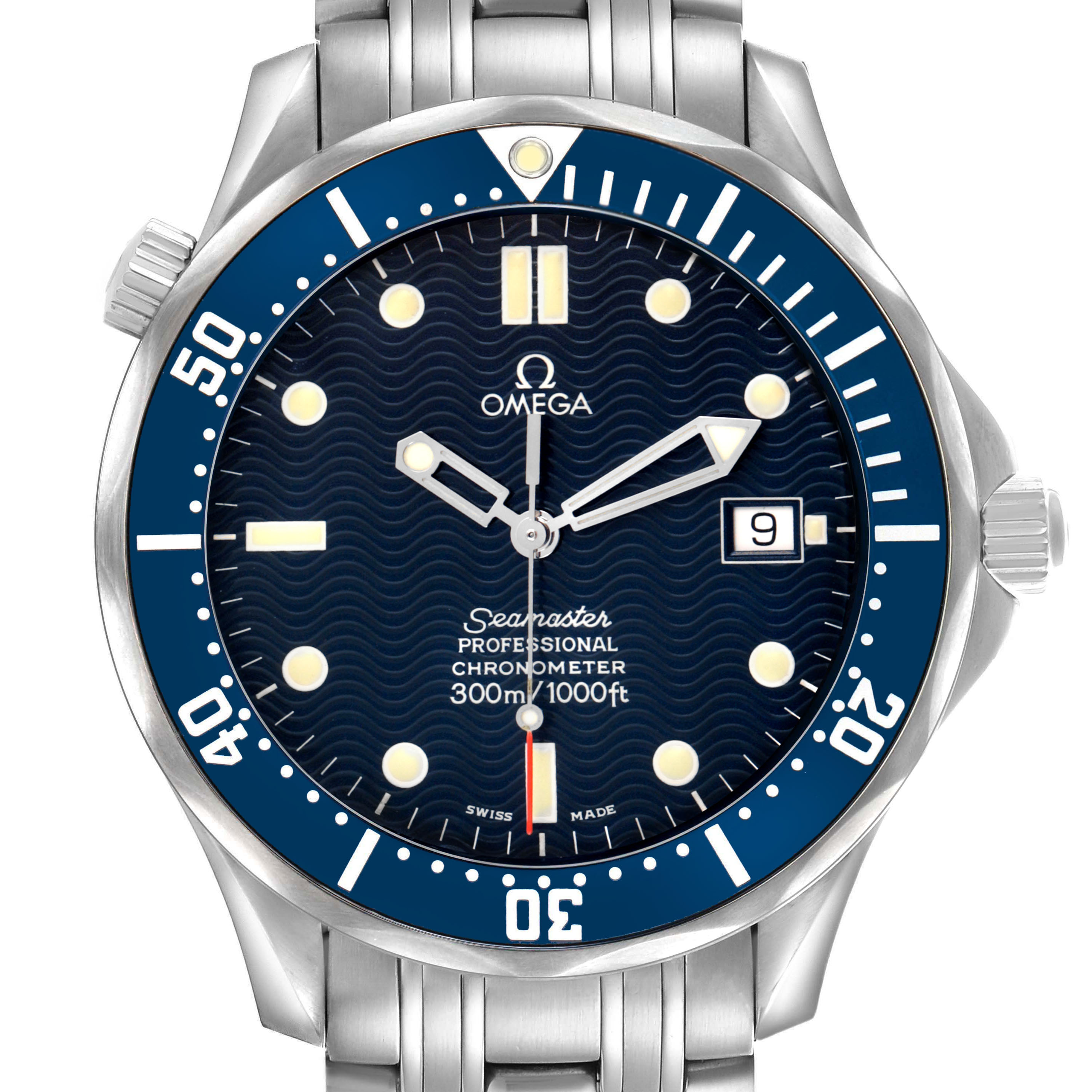 The Omega Seamaster 2531.80.00 Men's Stainless Steel Blue Dial watch is shown from the front, displaying the dial, bezel, hands, date window, and part of the bracelet.