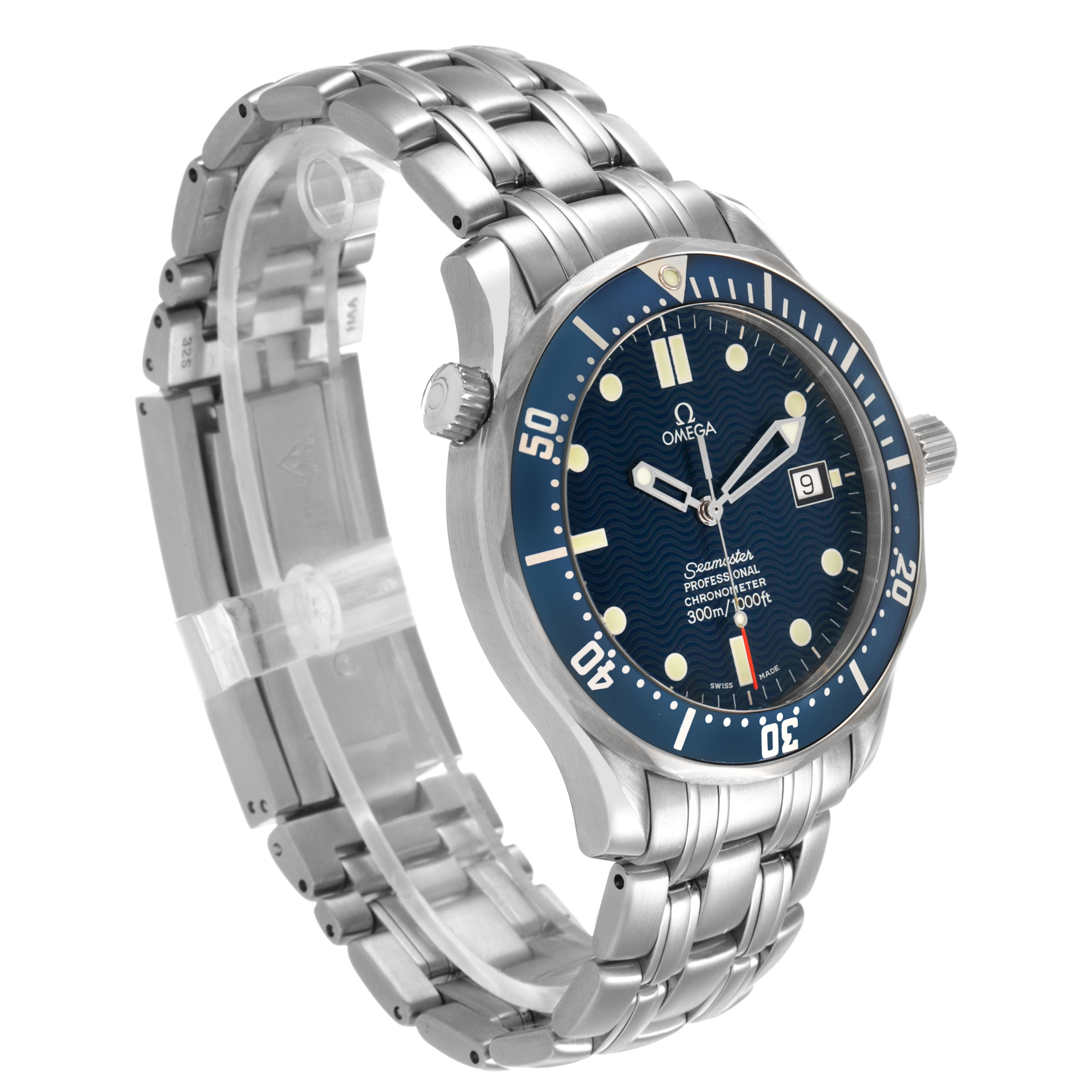 The Omega Seamaster 2531.80.00 Men's Stainless Steel Blue Dial watch is shown at an angle highlighting the face, bezel, and metal bracelet.