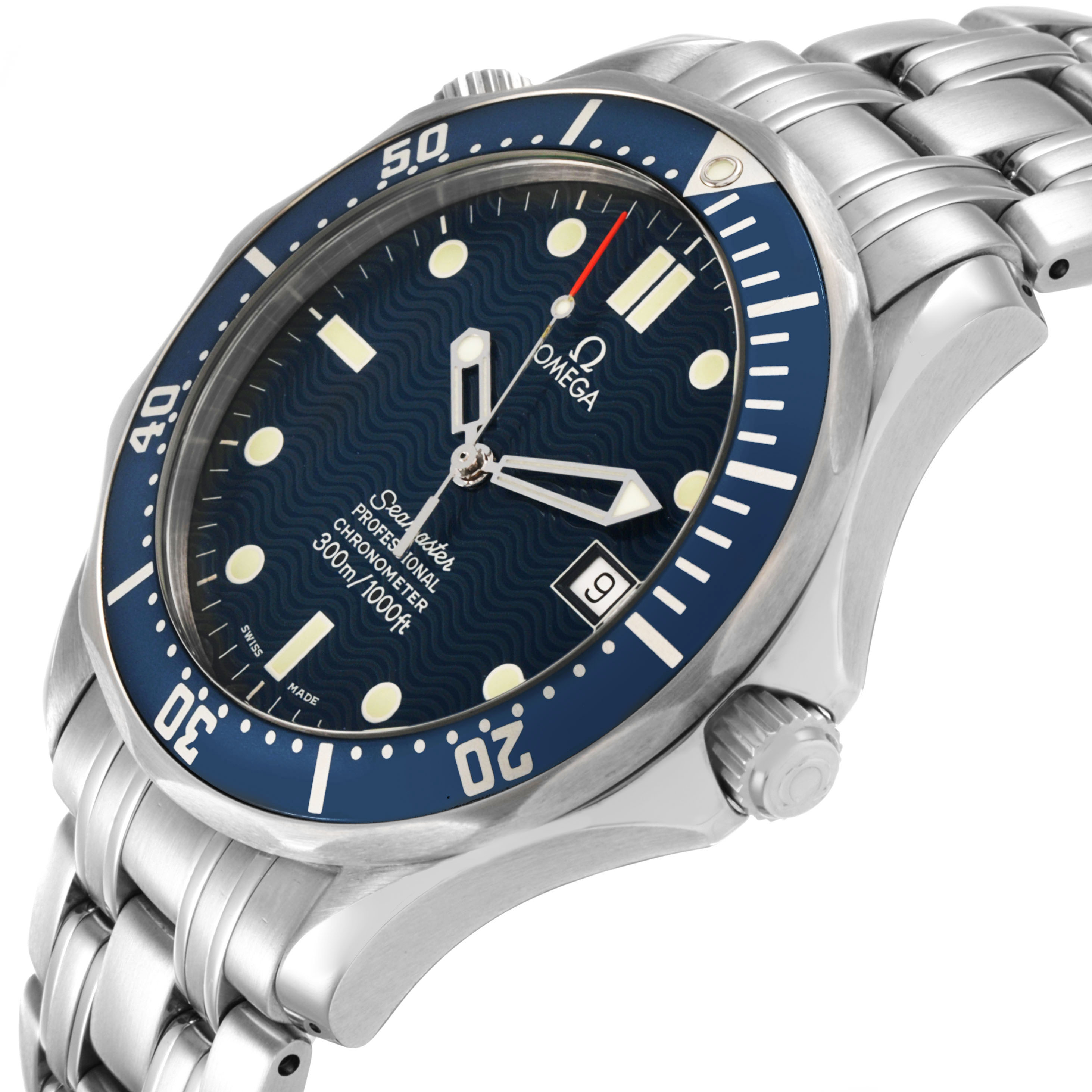 The Omega Seamaster 2531.80.00 Men's Stainless Steel Blue Dial watch is shown at an angled view, highlighting the dial, bezel, crown, and stainless steel bracelet.