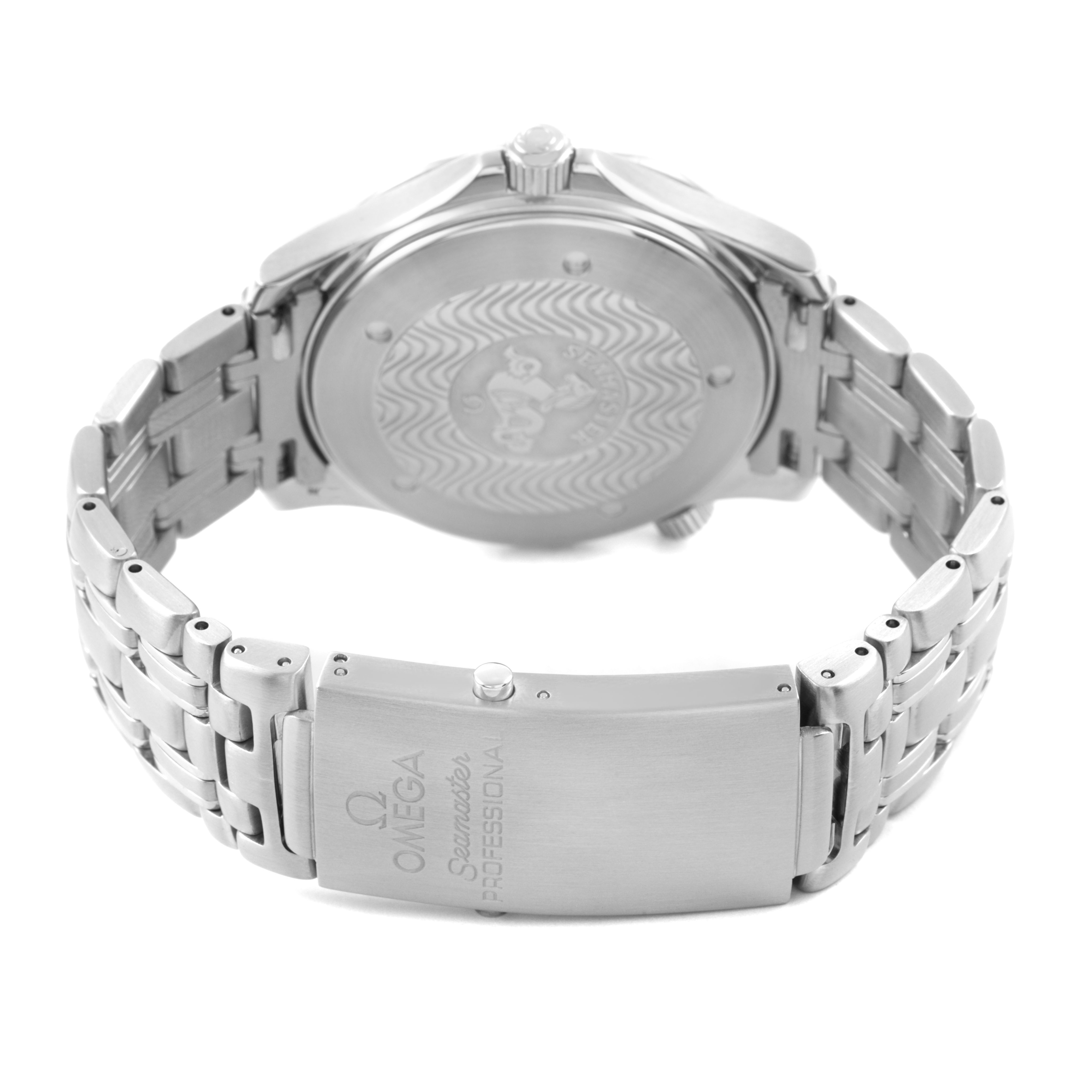 The image shows the back and bracelet of the Omega Seamaster 2531.80.00 Men's Stainless Steel Blue Dial watch, highlighting the clasp and engraved case back.