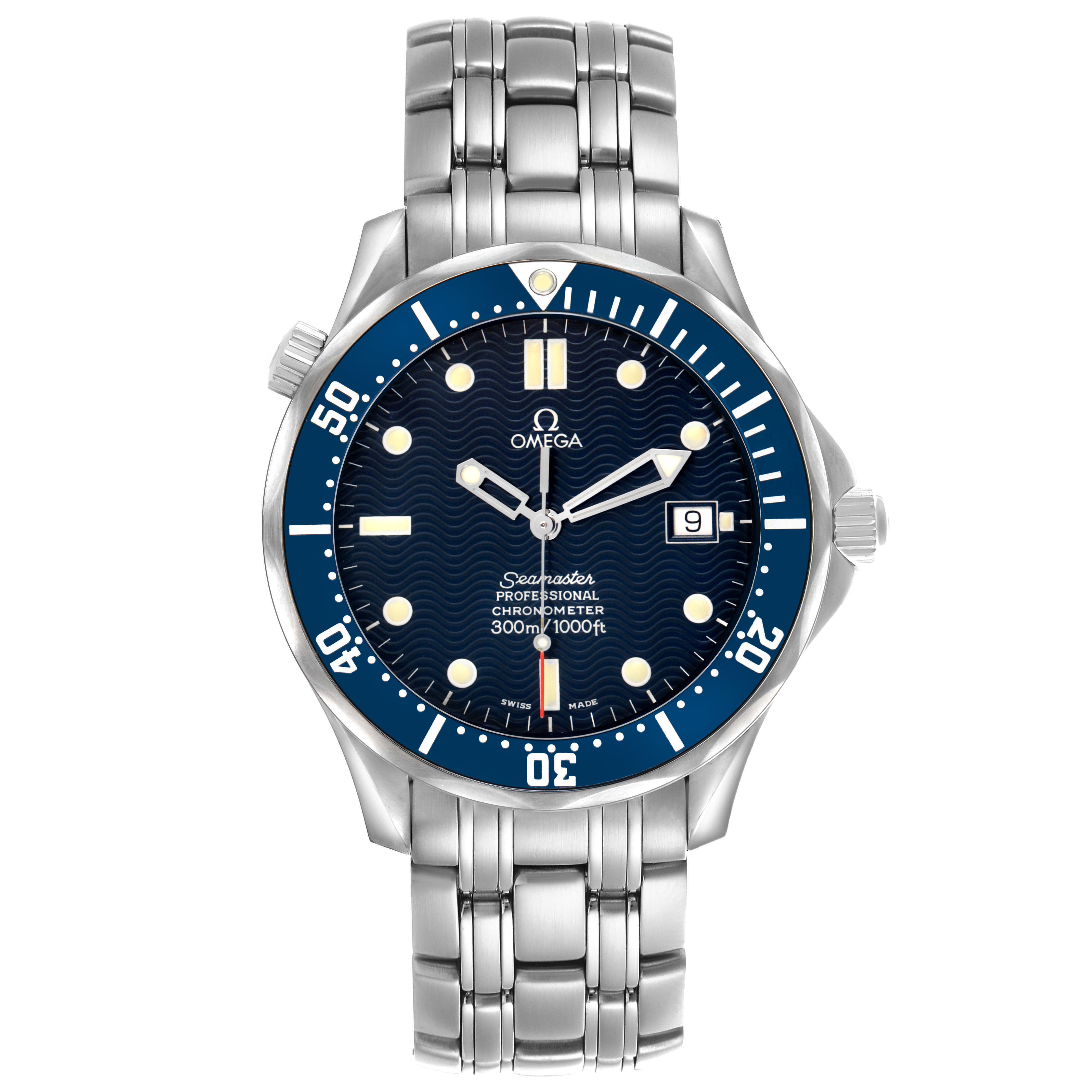 The Omega Seamaster 2531.80.00 Men's Stainless Steel Blue Dial watch is shown from a front angle, highlighting the dial, bezel, bracelet, and crown.