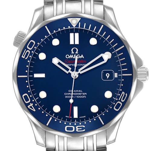 The Omega Seamaster 212.30.41.20.03.001 Men's Stainless Steel Blue Dial watch is shown from a front angle, displaying the face, bezel, and part of the bracelet.