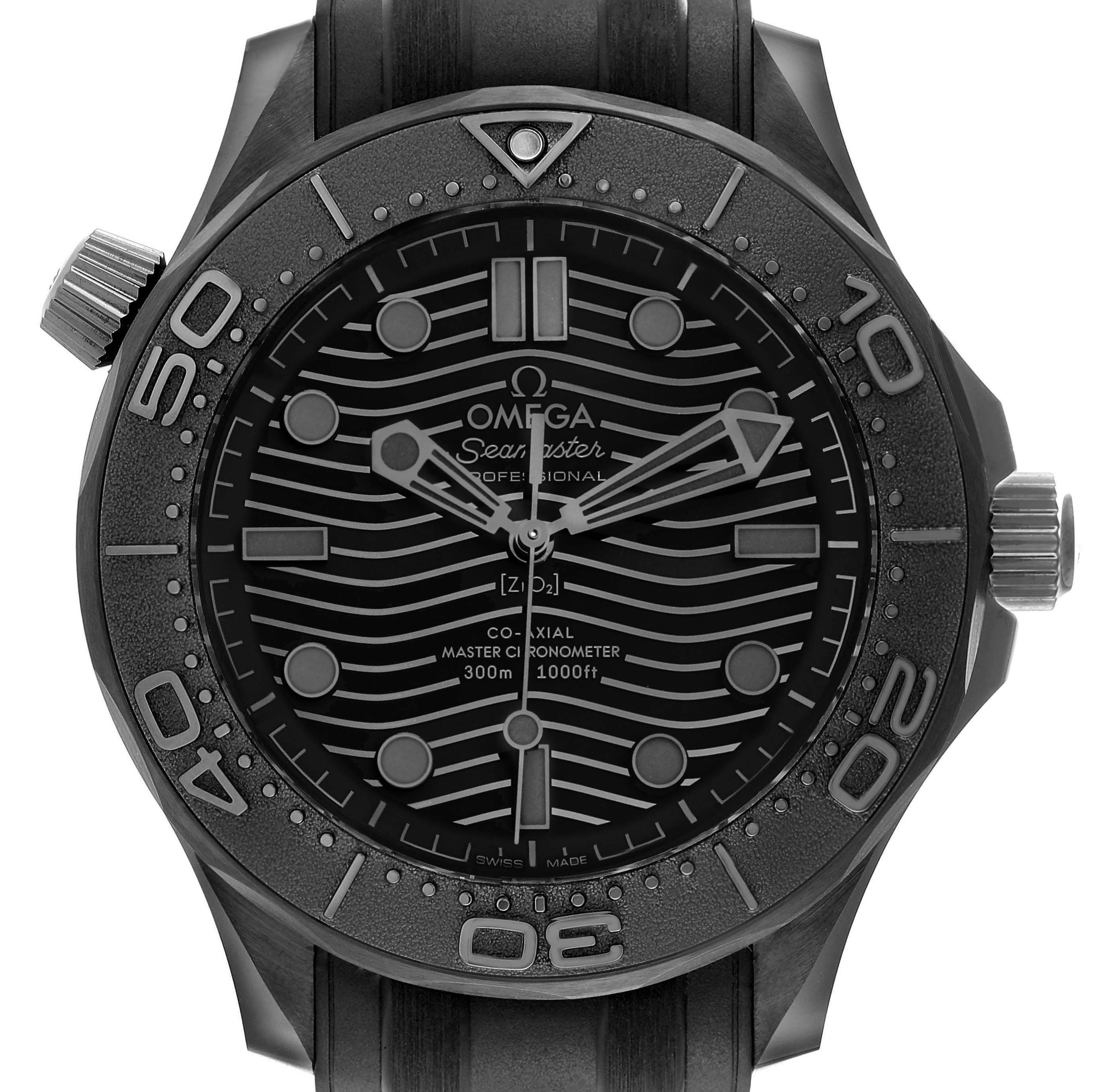 The Omega Seamaster 210.92.44.20.01.003 Men's Ceramic Black Dial watch is shown from a front angle, displaying the dial, bezel, and strap sections.