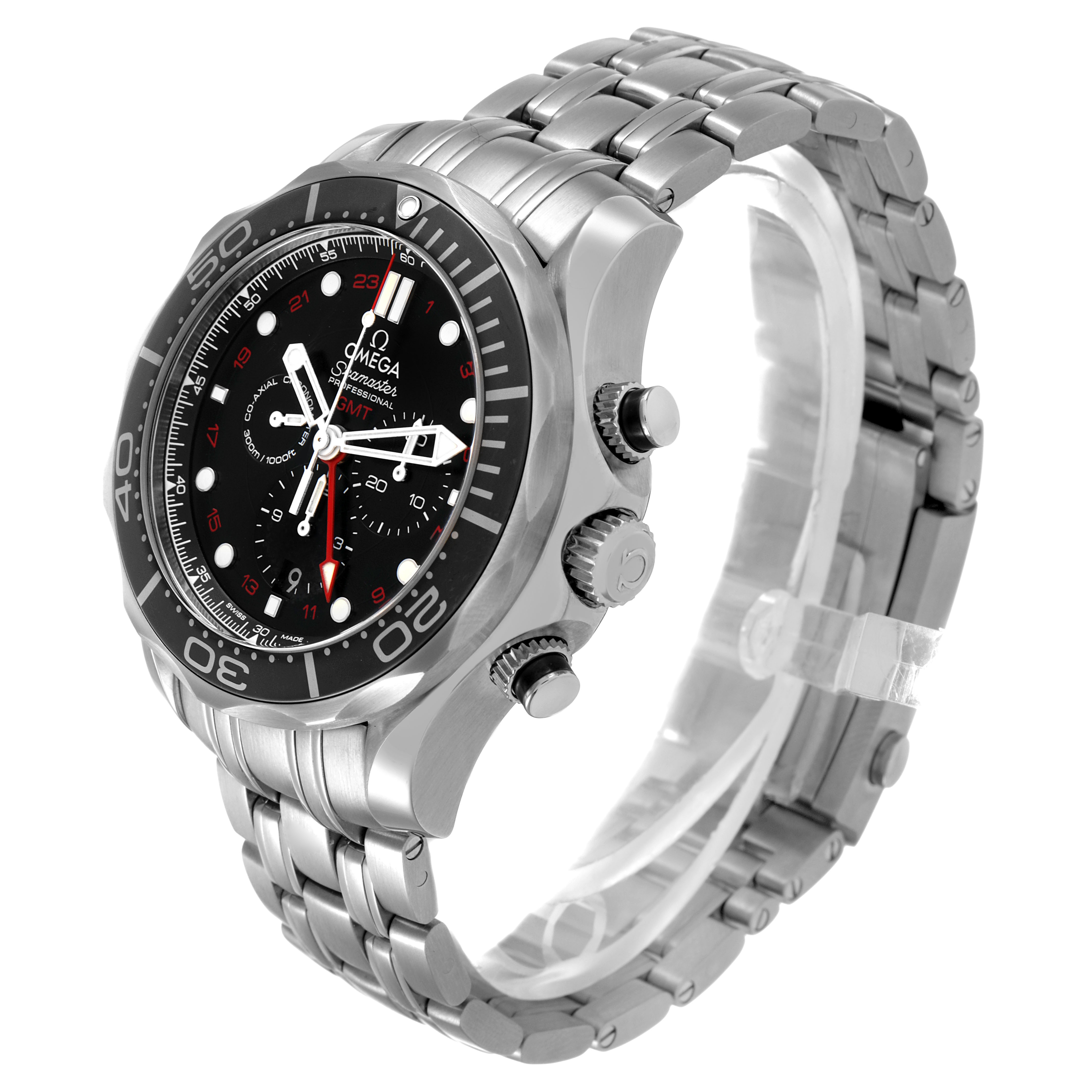 The Omega Seamaster 212.30.44.52.01.001 Men's Stainless Steel Black Dial watch is shown at a three-quarter angle, highlighting the dial, bezel, crown, and stainless steel bracelet.