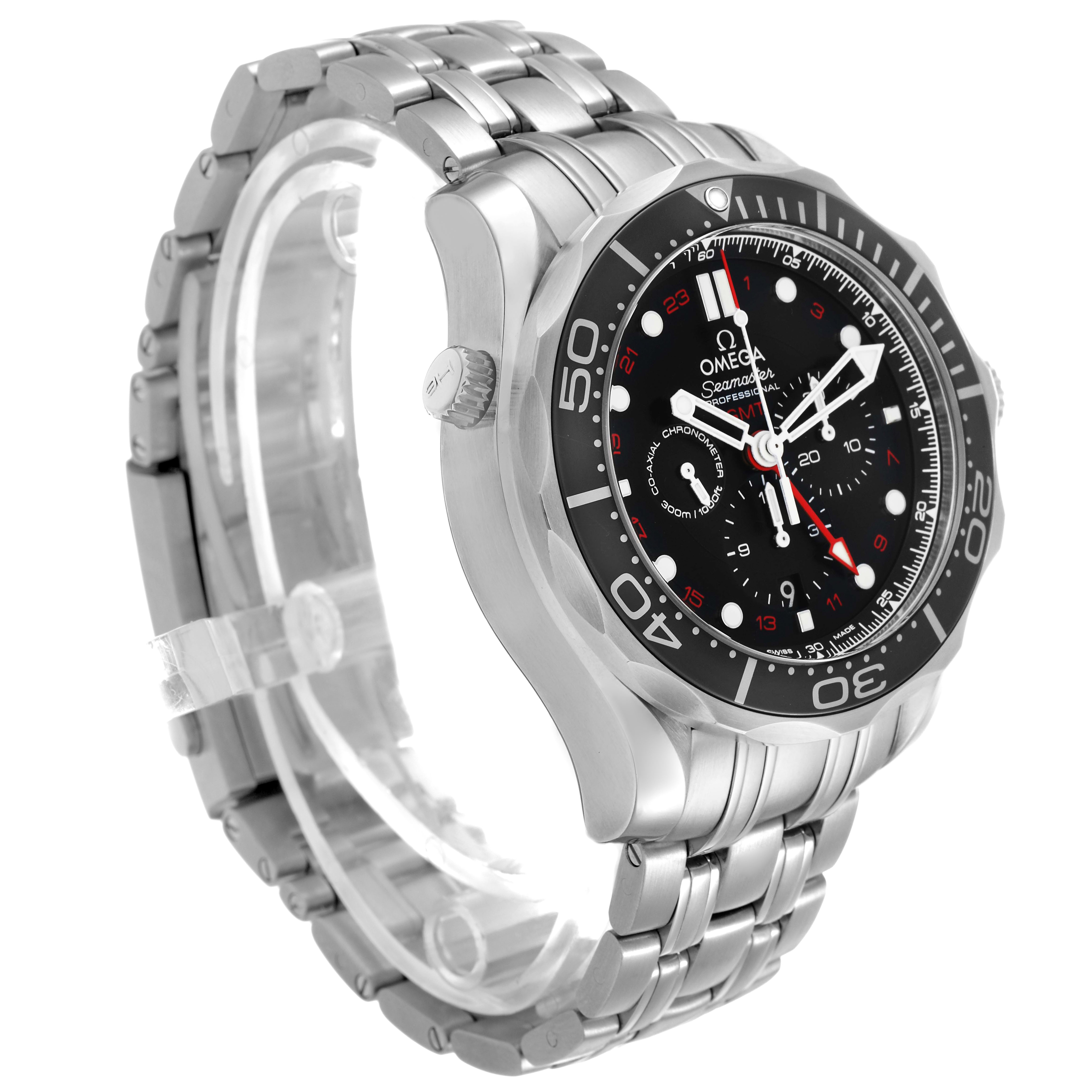 The Omega Seamaster 212.30.44.52.01.001 Men's Stainless Steel Black Dial watch is shown at a three-quarter angle, highlighting the bezel, dial, and metal bracelet.
