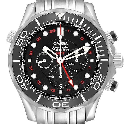The Omega Seamaster 212.30.44.52.01.001 Men's Stainless Steel Black Dial watch is shown from a front angle, displaying its dial, bezel, and chronograph sub-dials.
