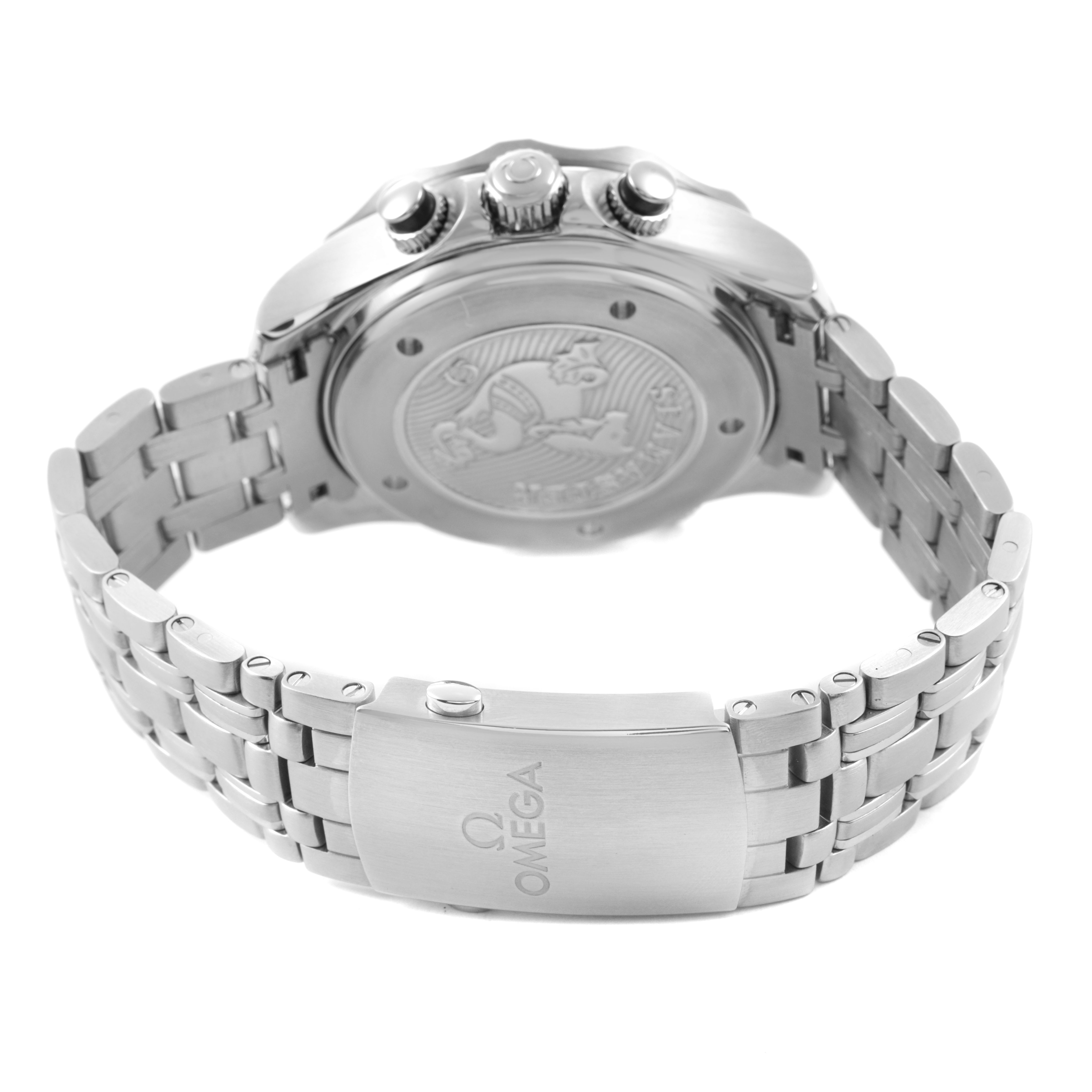The image shows the back and clasp of the Omega Seamaster 212.30.44.52.01.001 Men's Stainless Steel Black Dial watch, highlighting its bracelet and engraved case back.