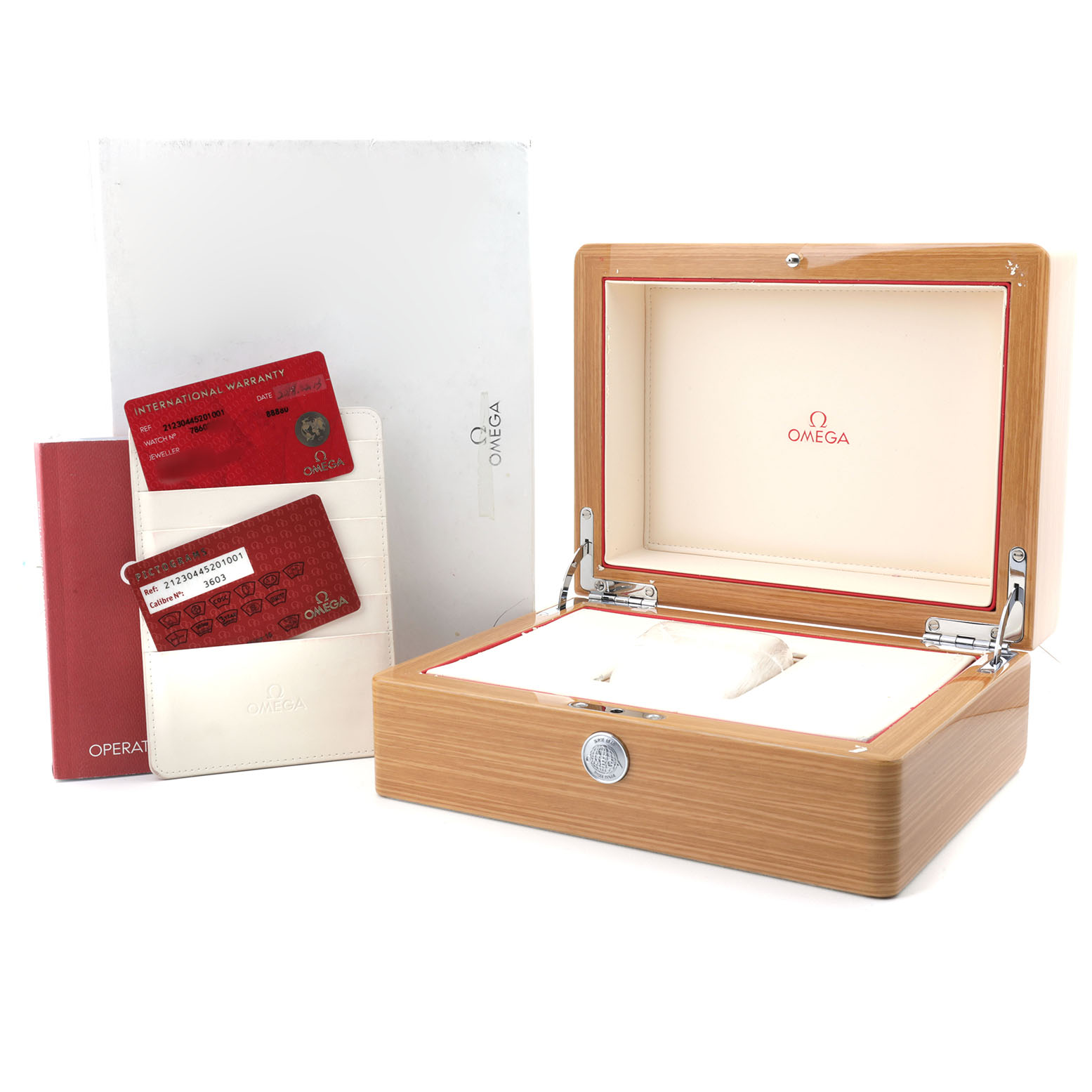 The image shows an Omega Seamaster 212.30.44.52.01.001 Men's Stainless Steel Black Dial watch box open, with warranty cards and manuals angled beside it.
