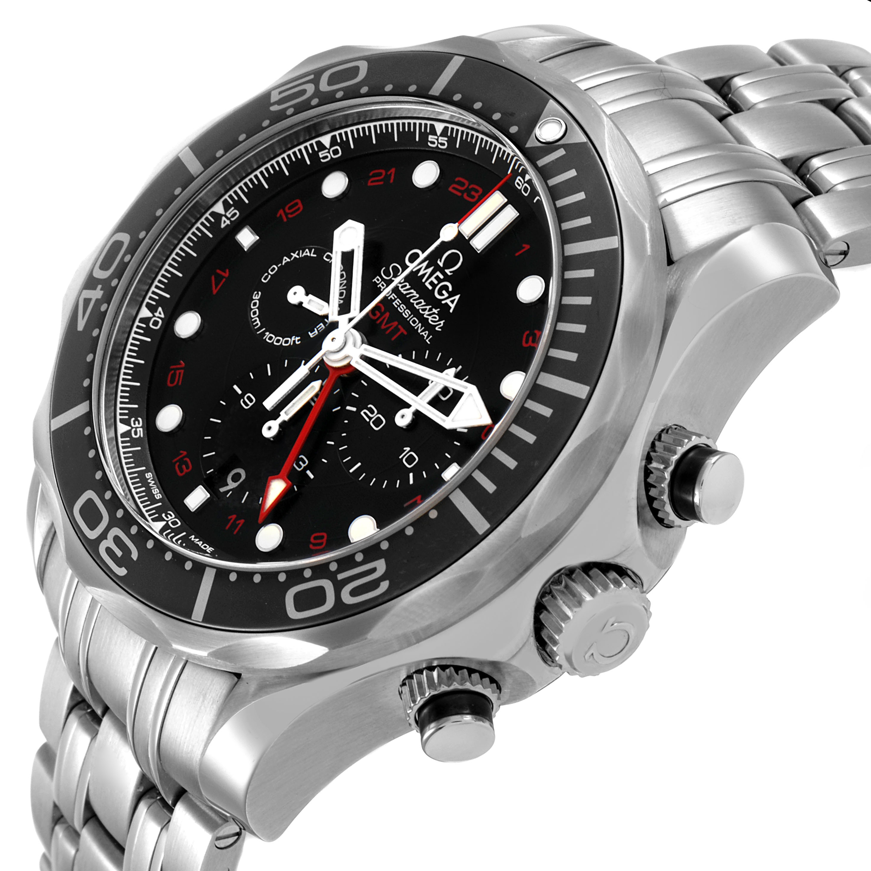 The Omega Seamaster 212.30.44.52.01.001 Men's Stainless Steel Black Dial model is shown at an angled view highlighting the face, bezel, crown, and stainless steel bracelet.