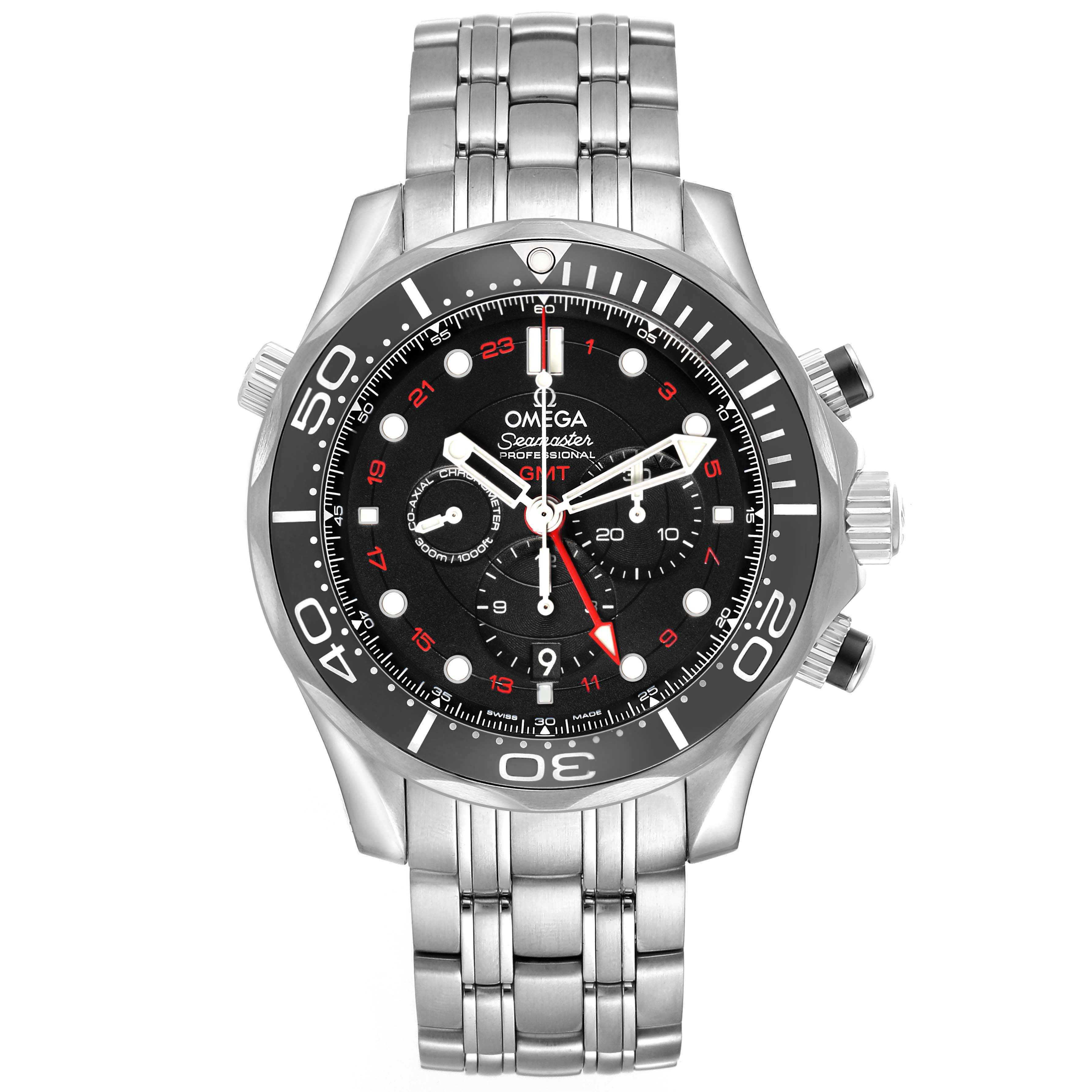 The Omega Seamaster 212.30.44.52.01.001 Men's Stainless Steel Black Dial watch is shown from the front, displaying its dial, bezel, and metal bracelet.